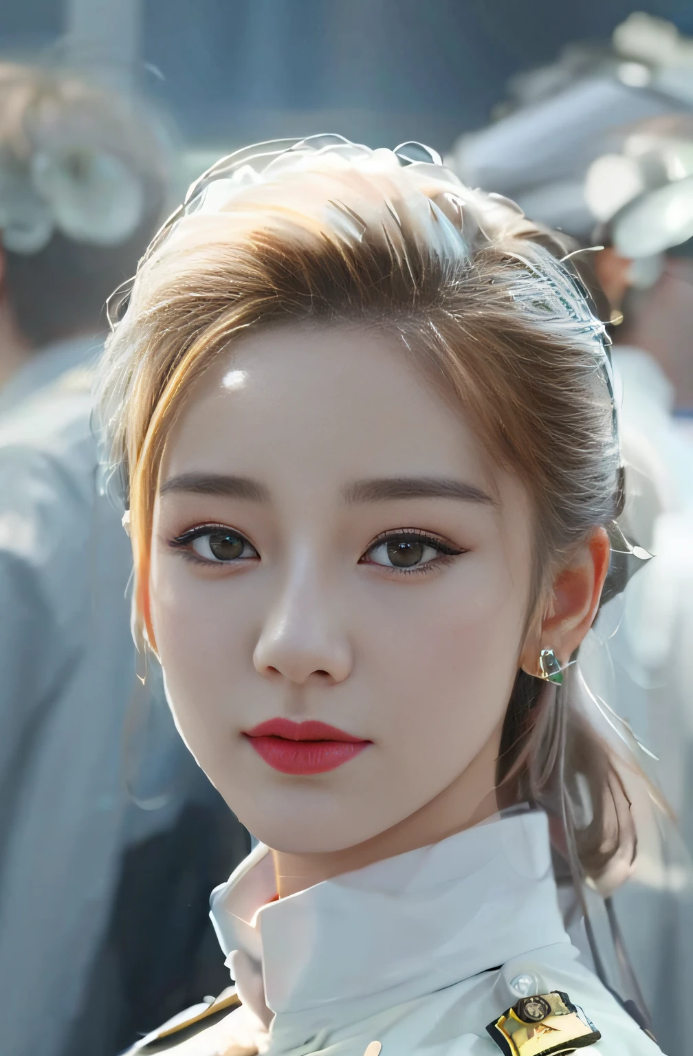 Close-up of a woman in uniform,There was a group of people behind him, Guviz-style artwork, Beautiful digital artwork, Stunning anime face portrait, Kawaii realistic portrait, lovely digital painting, inspired by Yanjun Cheng, Gorgeous digital painting, portrait of kpop idol, 8 k realistic digital art, beautiful digital painting, Realistic digital art 4K