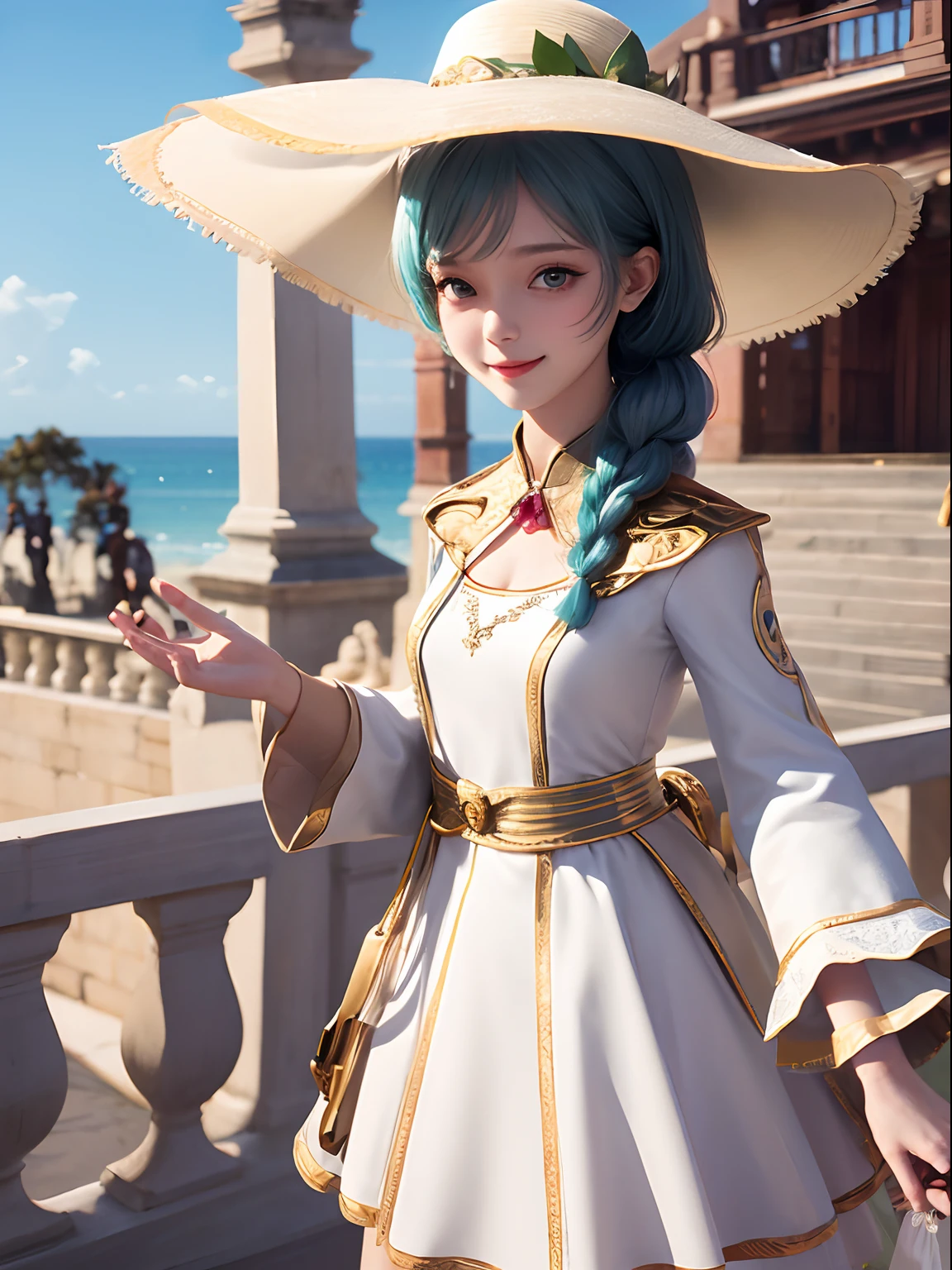 absurdres, 1girl, ocean, railing, white dress, sun hat, smile, (realistic:0.75), (waving:0.9),
