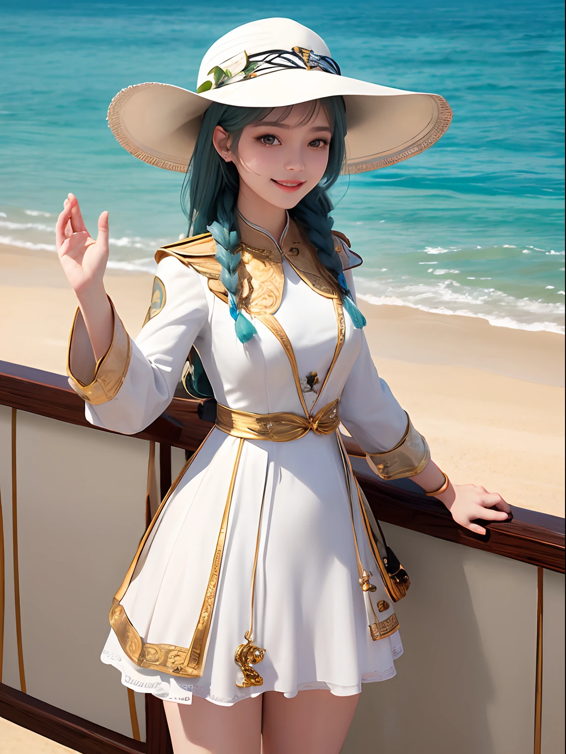 absurdres, 1girl, ocean, railing, white dress, sun hat, smile, (realistic:0.75), (waving:0.9),