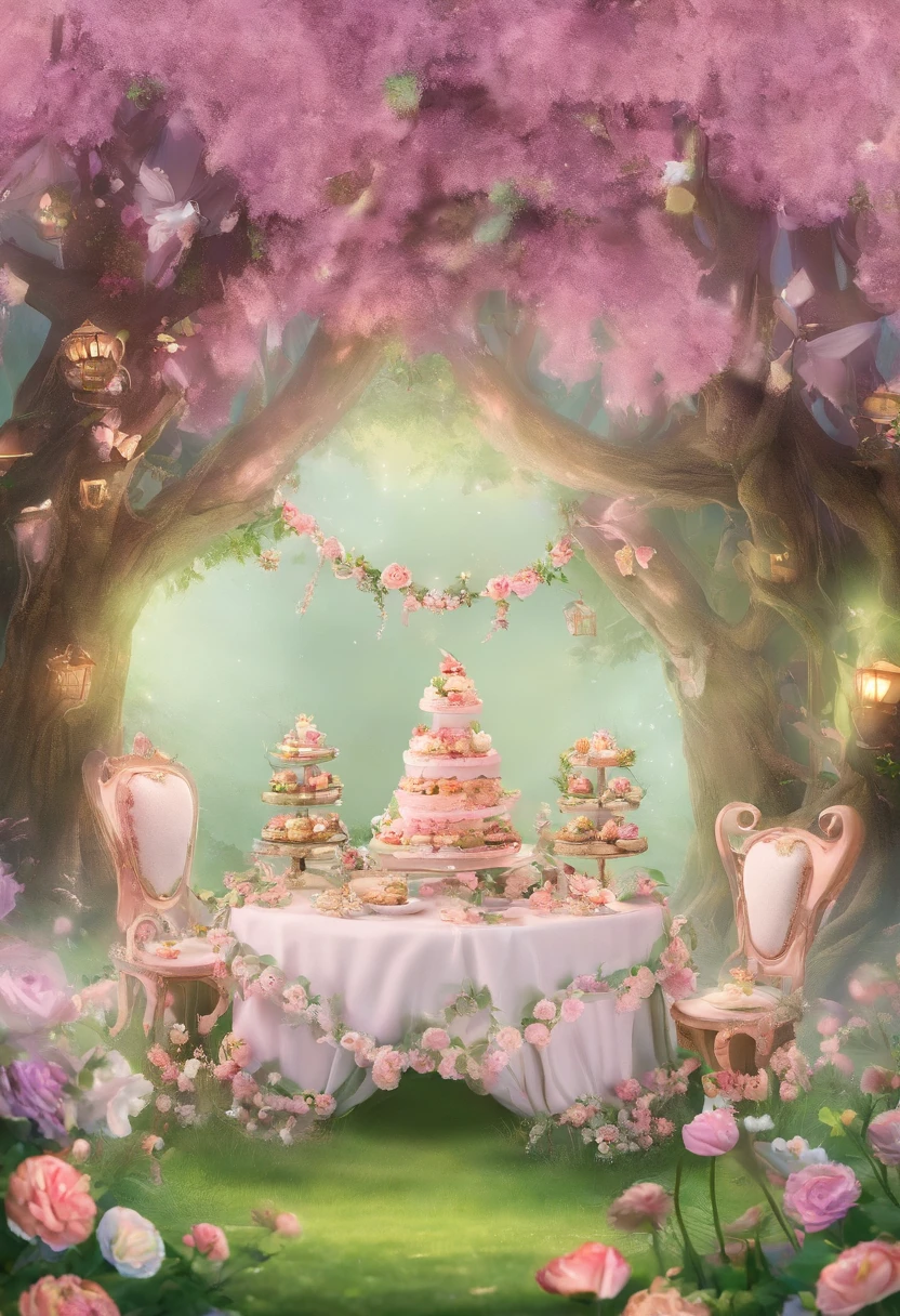 tea party，desserts，ln the forest，grassy fields，Small flowers everywhere，Small animals，adolable