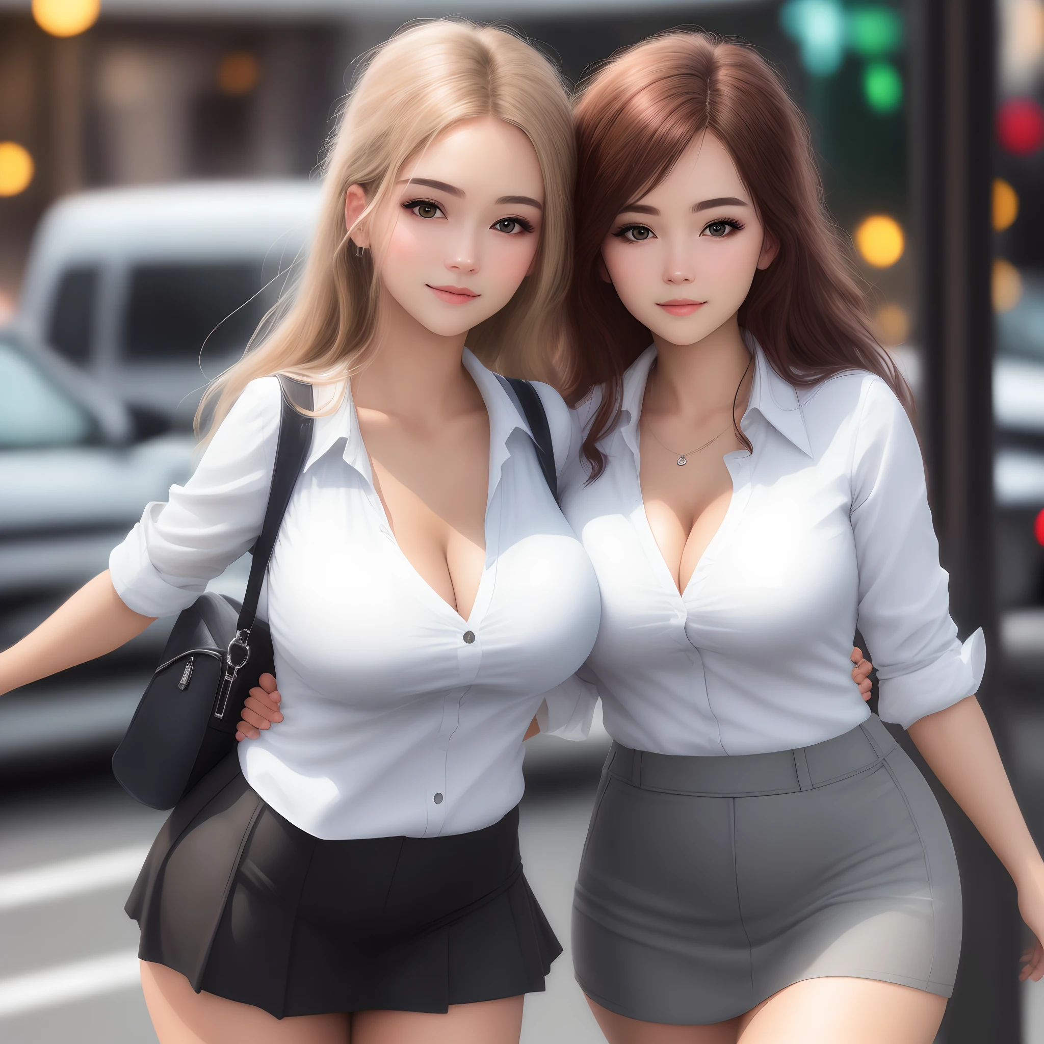 best qualtiy, tmasterpiece, Kizi, beauitful face, (photograph realistic:1.3), edge lit, (highdetailskin:1.2), 8K UHD, high high quality, A high resolution, 4k, 8k, bokeh, (realisticlying:1.3), Cute 1girl, Wear a white shirt, Extra large breasts, short skirt,Exposed cleavage