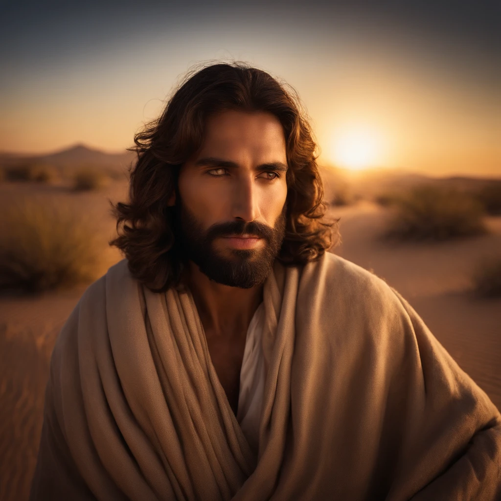 Bust image of Jesus，He walked in the middle of the desert，Contemplative。The dust was steadfast under his feet，He raised his head and looked up at the sky，engaged in a conversation with God。This image shows his deep connection with the divine，He sought wisdom and guidance，Set an example for us。