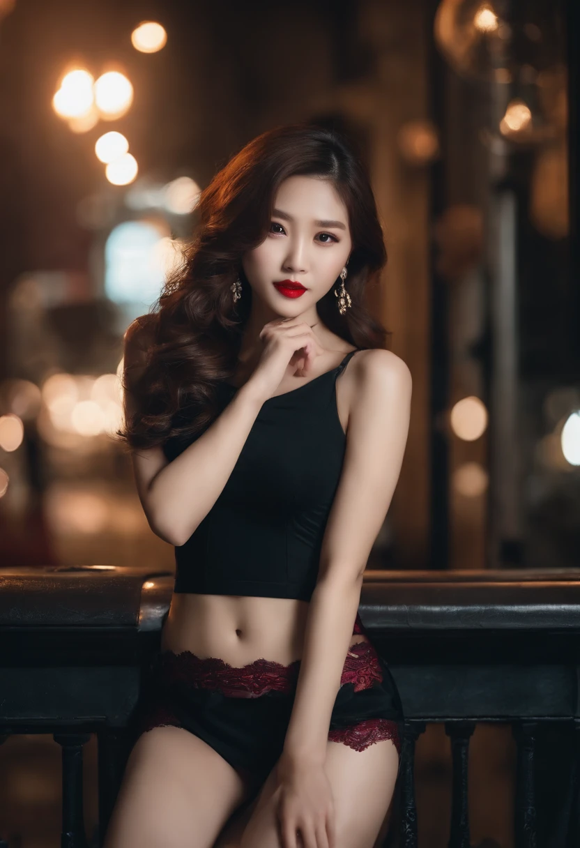 ultraclear，ultraclear，ultraclear，On the street，South Korean beauties，Full body photo，is very beautiful，Very sexy，black lence stockings，The miniskirt leaks out the lace panties，Red lipstick，Very detailed，The colors are very vivid