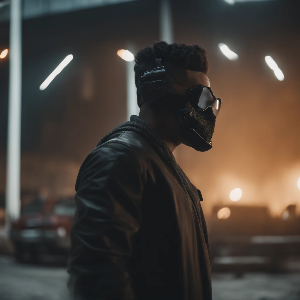 Man with a mask in a futuristic desert, with various fumes, various colored fumes, Cyberpunk Streetwear, usando streetwear Cyberpunk, Estilo Beeple, foto de perfil 1024px, vibe Cyberpunk, Cyberpunk))), vaporware aesthetic, toxic air, estilo vaporware, style hybrid mix of beeple, em estilo de bipe, aesthetic cyberpunk, estilo de arte Cyberpunk, various details, melhor qualidade, master part, ultrahigh-resolution, (fotografia realista:1.4), Surrealismo, Semelhante a um sonho,FusionArt, Shadow dancer, magia das sombras, Darkness Control, furtividade, passo da sombra, Umbral spells, hidden blade,