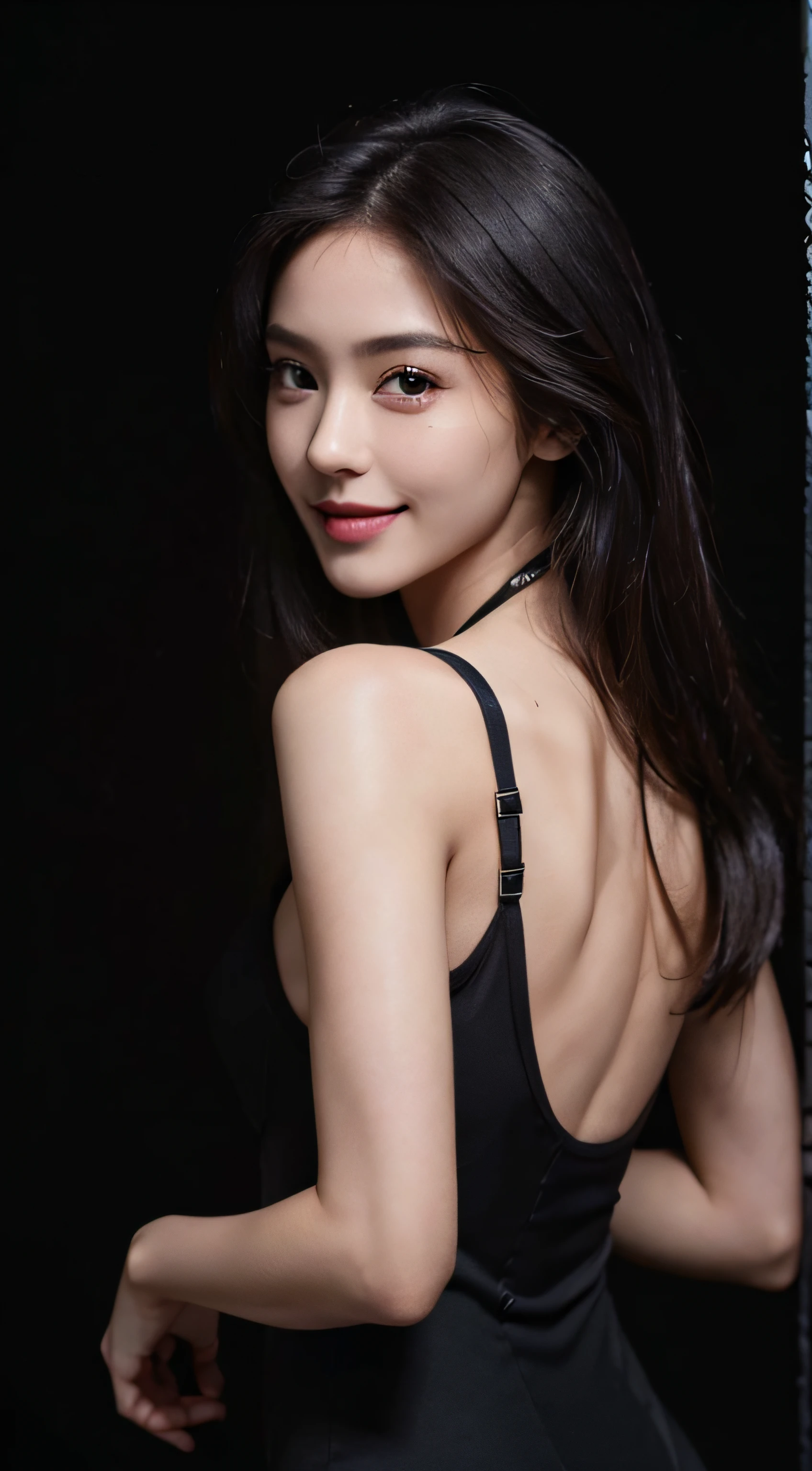 8K, Top Quality, Intricate Details, Ultra Detail, Ultra High Resolution, Masterpiece, (Photoreal: 1.1), (Photo Realistic: 1.2:1.1), Realistic Face Proportions, Slender, Smile, 18 yo girl, (Makeup: 0.4), (Fluffy Black Eyes: 1.21), Black Eyes, Looking at the Viewer, ((full body)), 1girl, solo, 1 girl, ((close up shot)), ((small and beautiful hard nipple)), feminine and sexy posture, ((tall)), (((fit body))), (((slim face))), sharp face, sharp eyes, (((black hair, long hair,)) small lips, smile, ((skinny suit)), detailed face, detailed breast, Beautiful girl with accentuated slender abs: 1.4, Six Pack Abs: 1.4, Bust Botox, Big, Perfect Body, detail leg, (Photoreal: 1.1), (Photo Realistic: 1.2:1.1), (Dark Night Background: 1.2), shot from behind