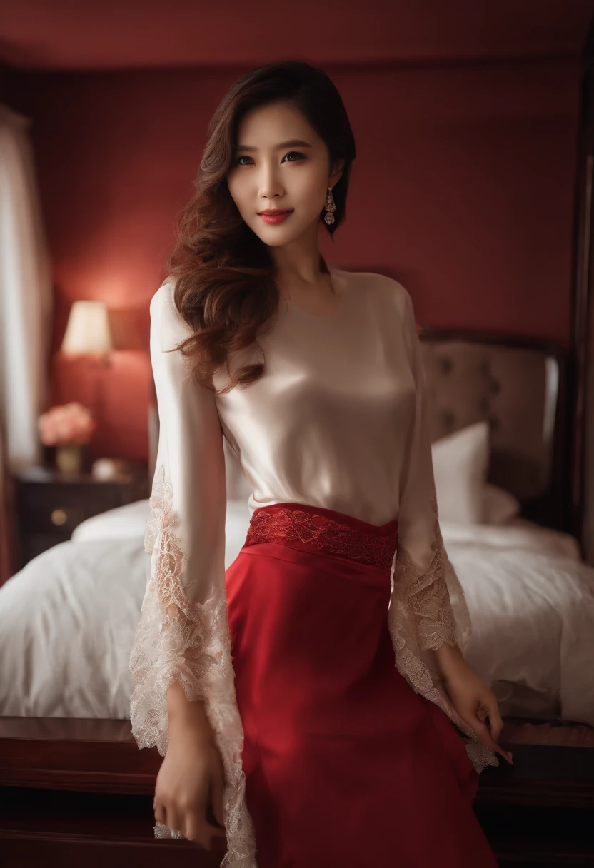 masterpiece, (front focus), surreal female portrait, , natural lighting, dynamic pose, highly detailed face, dark and smooth eyes, shiny pupils, 4K, 1 girl Asian, gentle, full body photo, (formal outfit: 1.4, sexy red lace pajamas), standing in bedroom, bright lights, dark brown hair, tall figure, long legs, white skin, smile smile