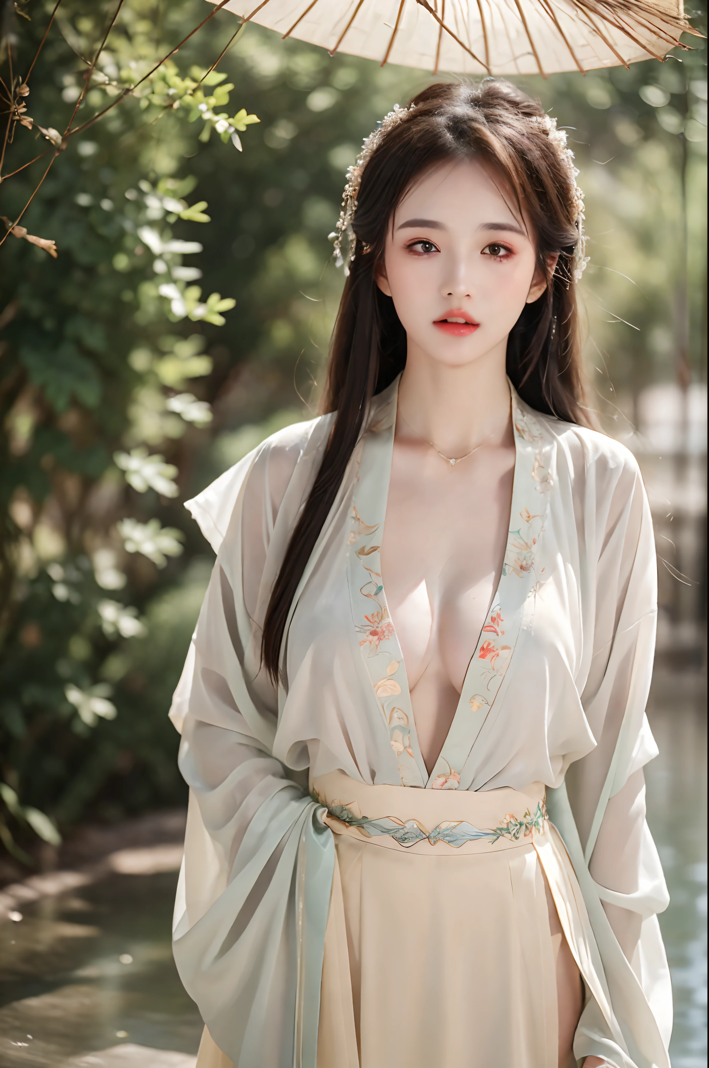 ((Best Quality, 8k, Masterpiece: 1.3)), Focus: 1.2, Perfect Body Beauty: 1.4, Buttocks: 1.2, ((Layered Haircut)), (Wet Clothes: 1.1), (Rain, Street:1.3), (Breasts: 1.2), (Hanfu: 1.2), Bare Shoulders, Bare Legs, Highly Detailed Face and Skin Texture, Fine Eyes, Double Eyelids, Whitened Skin, Long Hair, (Shut Up: 1.5), (Bokeh Background: 1.5), Big Breasts