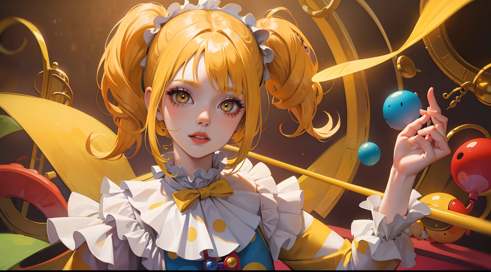 girl with yellow hair and yellow eyes, clown girl, clown makeup, circus vibes, high quality, pigtails, clown