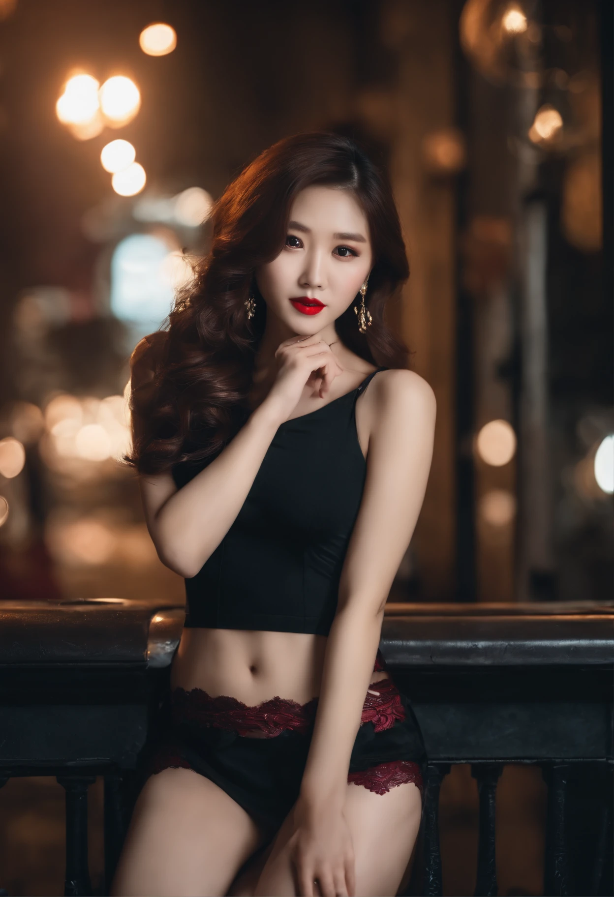ultraclear,ultraclear,ultraclear,On the street,South Korean beauties,Full body photo,is very beautiful,Very sexy,black lence stockings,The miniskirt leaks out the lace panties,Red lipstick,Very detailed,The colors are very vivid