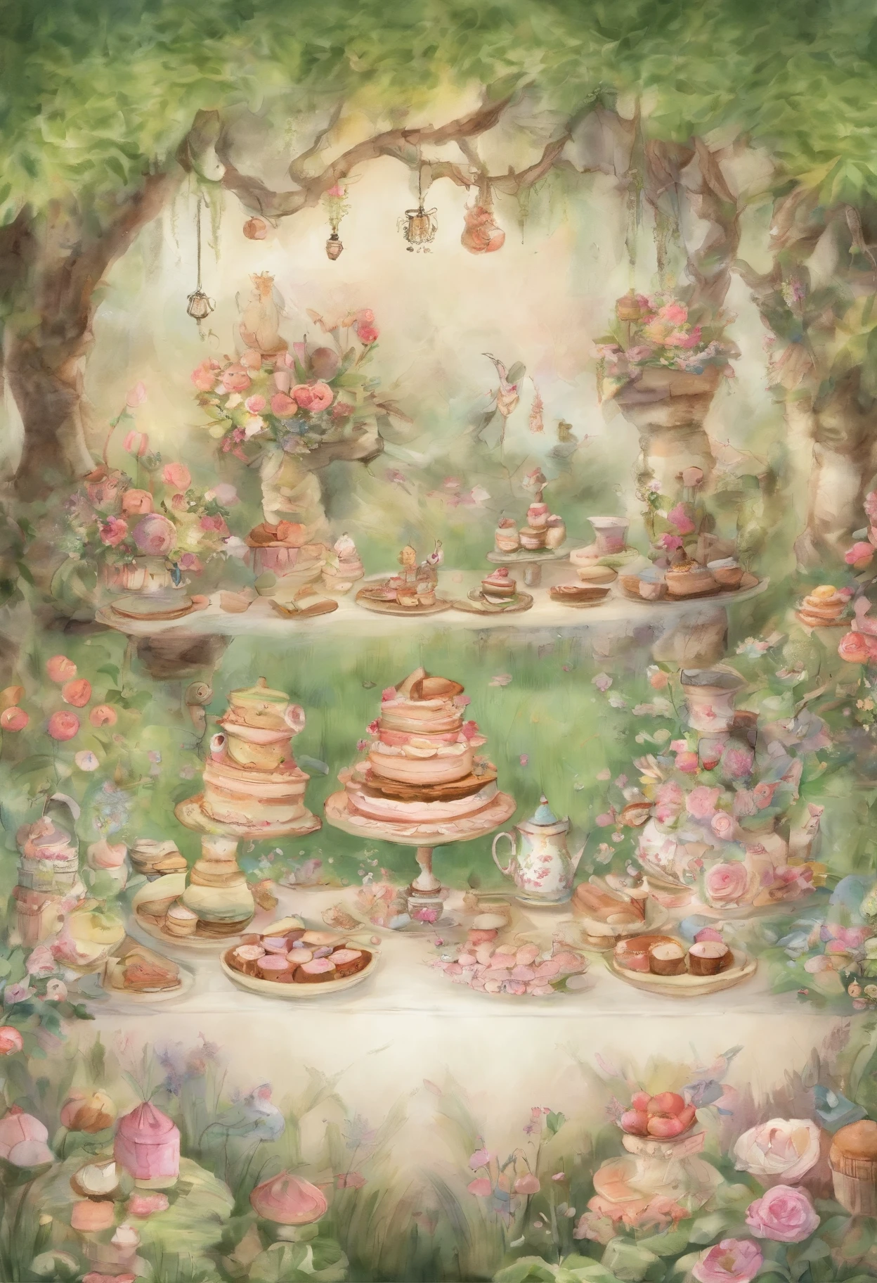tea party，desserts，ln the forest，grassy fields，Small flowers everywhere，Small animals，adolable