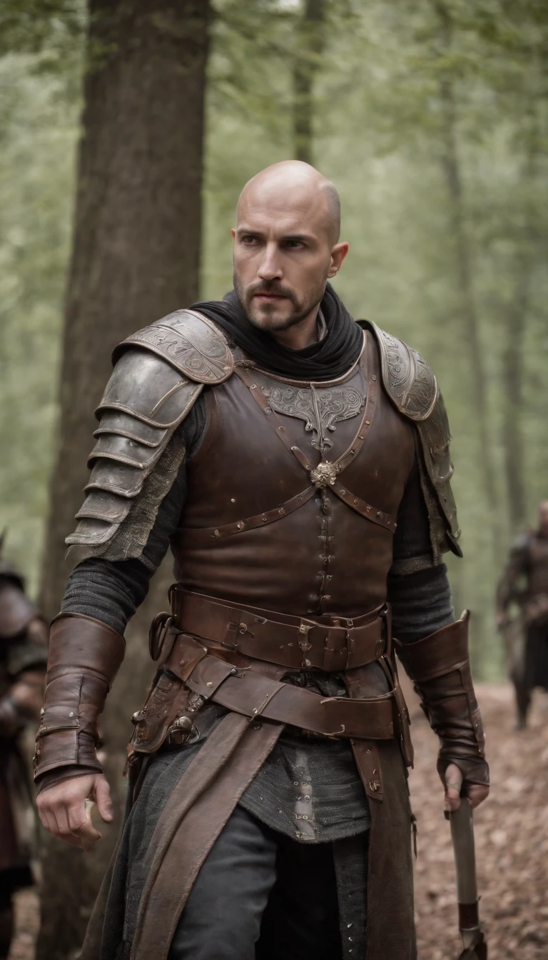 Castlevania Lord of the shadows hyper realistic super detailed handsome muscular Bald beard muscular handsome warrior leather Armor Wear cinématique scènes movie with his soldiers