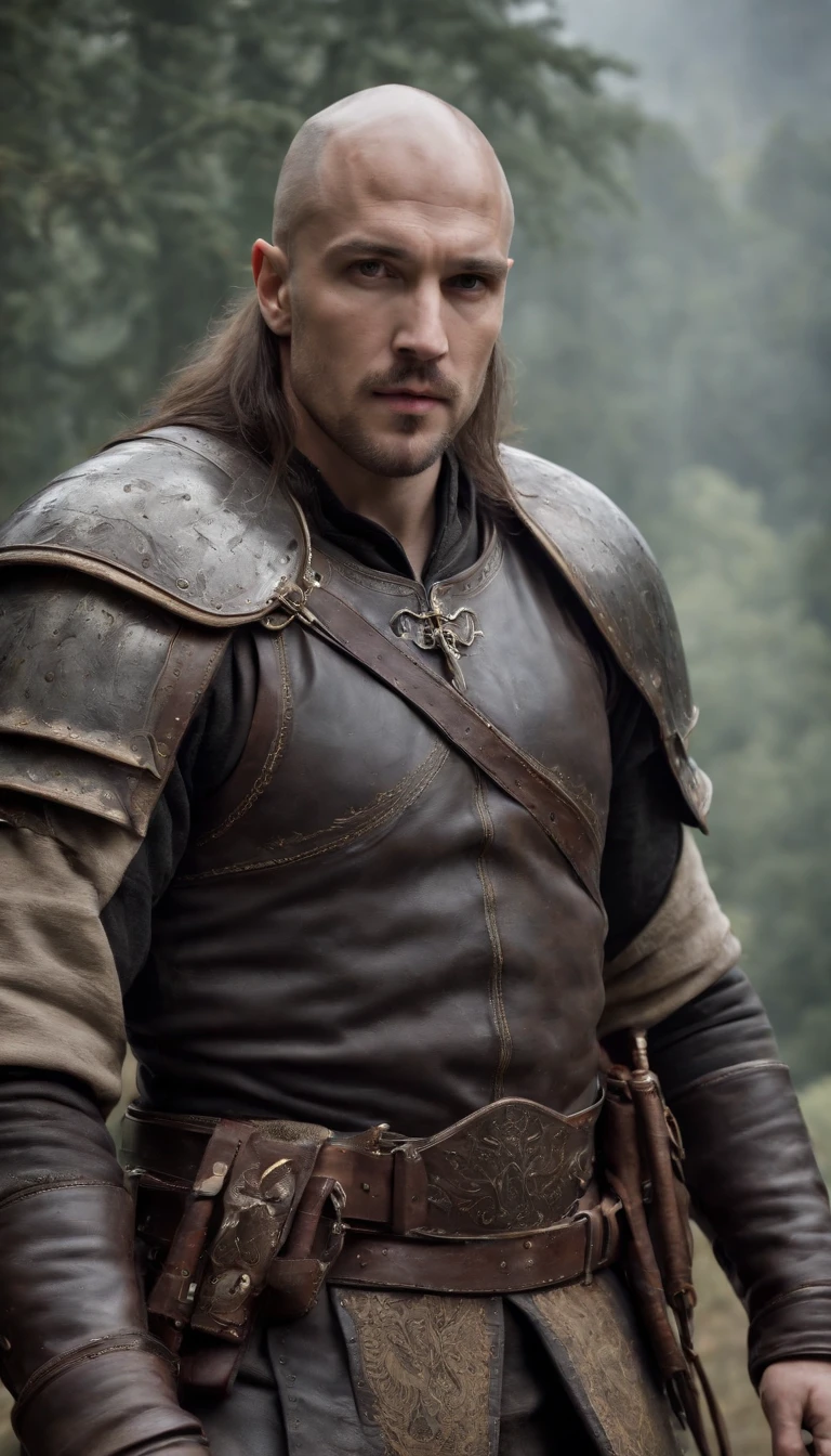 Castlevania Lord of the shadows hyper realistic super detailed handsome muscular Bald beard muscular handsome warrior leather Armor Wear cinématique scènes movie with his soldiers