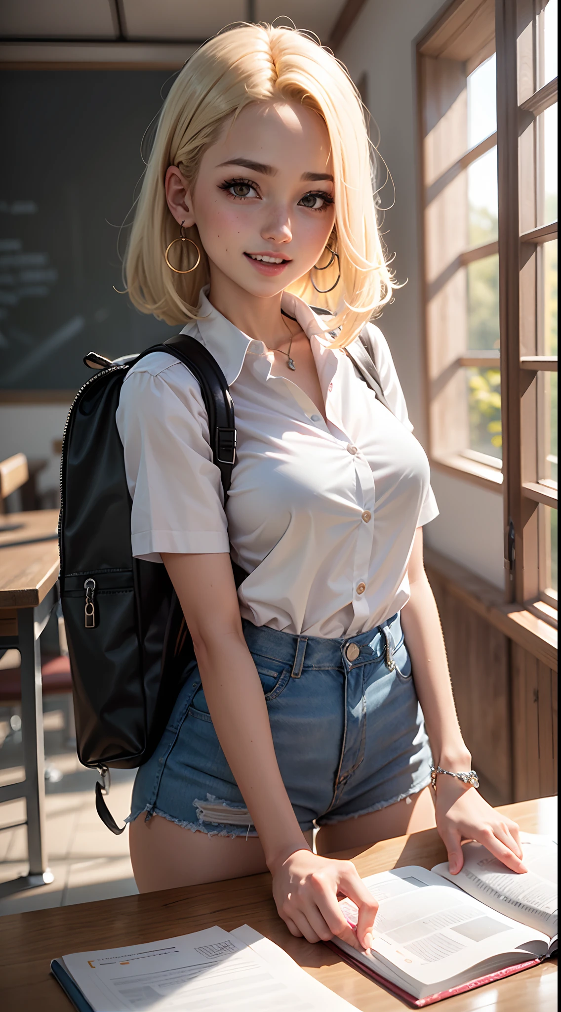 (((master part))), Marinkitagawa, 1girl, cabelos longos, Olhando para o Viewer, corar, sorrir, boca aberta, saia, blonde hair, seios grandes, camisa, olhos vermelhos, 1st grade, propriedade, clivagem, jewelries, Uniforme escolar, camisa branca, :d, saia plissada, Brincos, ao ar livre, gravata, dente, foco solo, Gargantilha, camisa de gola, saco, Blurry, pulseira, saia azul, Xadrez, blurry background, gargantilha preta, Saia xadrez, Telefone, penetrante, celular, penetrante na orelha, segurando o telefone, mochila escolar, gravata azul, camisa amarrada, pulseira de contas,