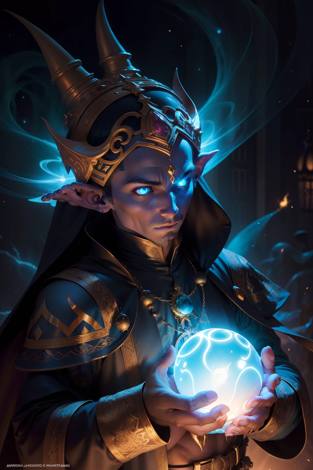 An image of a magical “Arabian Nights” male Jinni, holding out a glowing orb, with lighting bolts from his fingers, background is a springtime garden, daytime light, mood is operative, resolute, propitious, intelligent, character design, art by Mark Ryden, Greg Simkins, Jason Limon, Dan Quintana.
