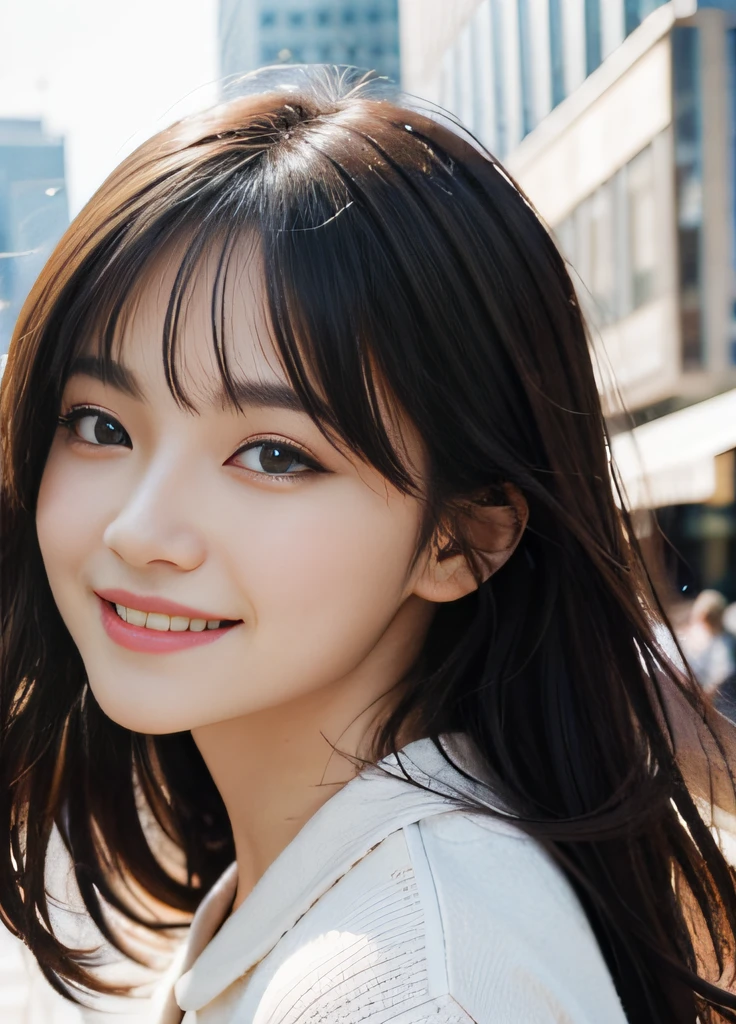 (top-quality:0.8)、(top-quality:0.8)、perfect anime illustration、Extreme close-up portrait of beautiful woman walking in city、Look here and smile、