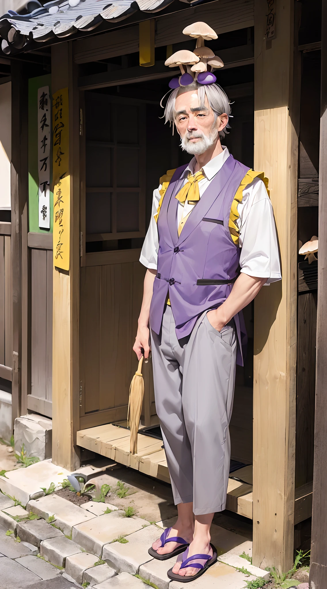 (mito-kohmon:1.3), (white hair), goinkyo, mito-mitsukuni, (old guy:1.2), (wearing purple vest and yellow inner clothes:1.3), old Japan, edo-period, thin body, (gray short pants:1.3), (holding wooden stick), edo town, narrow street,(mushroom on head:1.3),