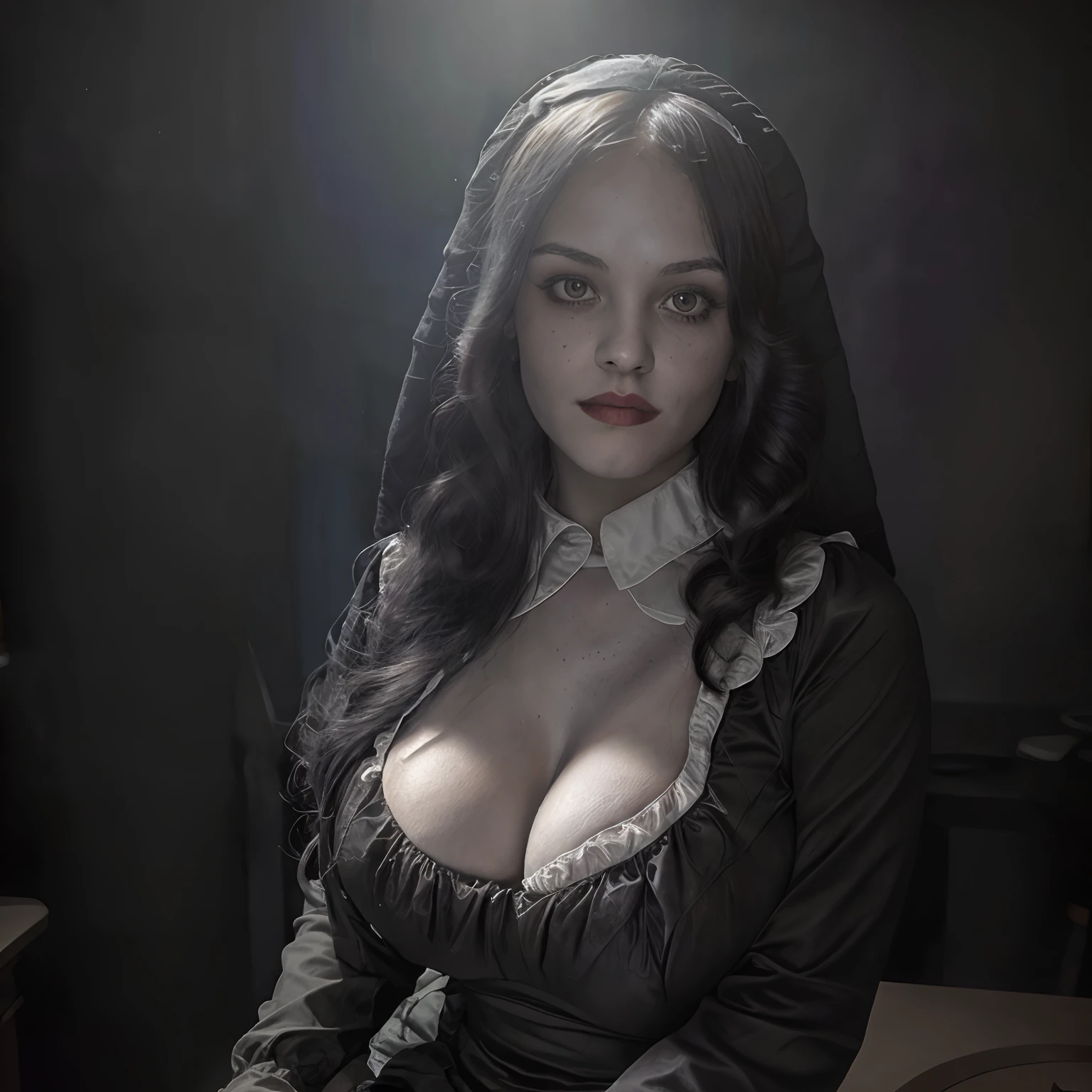 (editorial photograph of a 21 year old woman), (highly detailed face:1.4) (smile:0.7) (background inside dark, moody, private study:1.3) POV, by lee jeffries, nikon d850, film stock photograph ,4 kodak portra 400 ,camera f1.6 lens ,rich colors ,hyper realistic ,lifelike texture, dramatic lighting , cinestill 800, nun, goth, big breasts, huge tits
