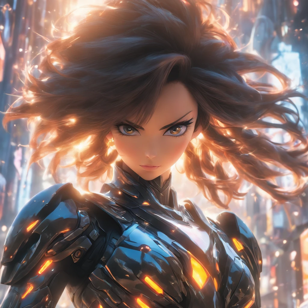 Realistic, unreal engine, full body shot, candid photography, beautiful woman with brunette hair wearing black reflective coating futuristic armor, daytime, anamorphic lens flare effect