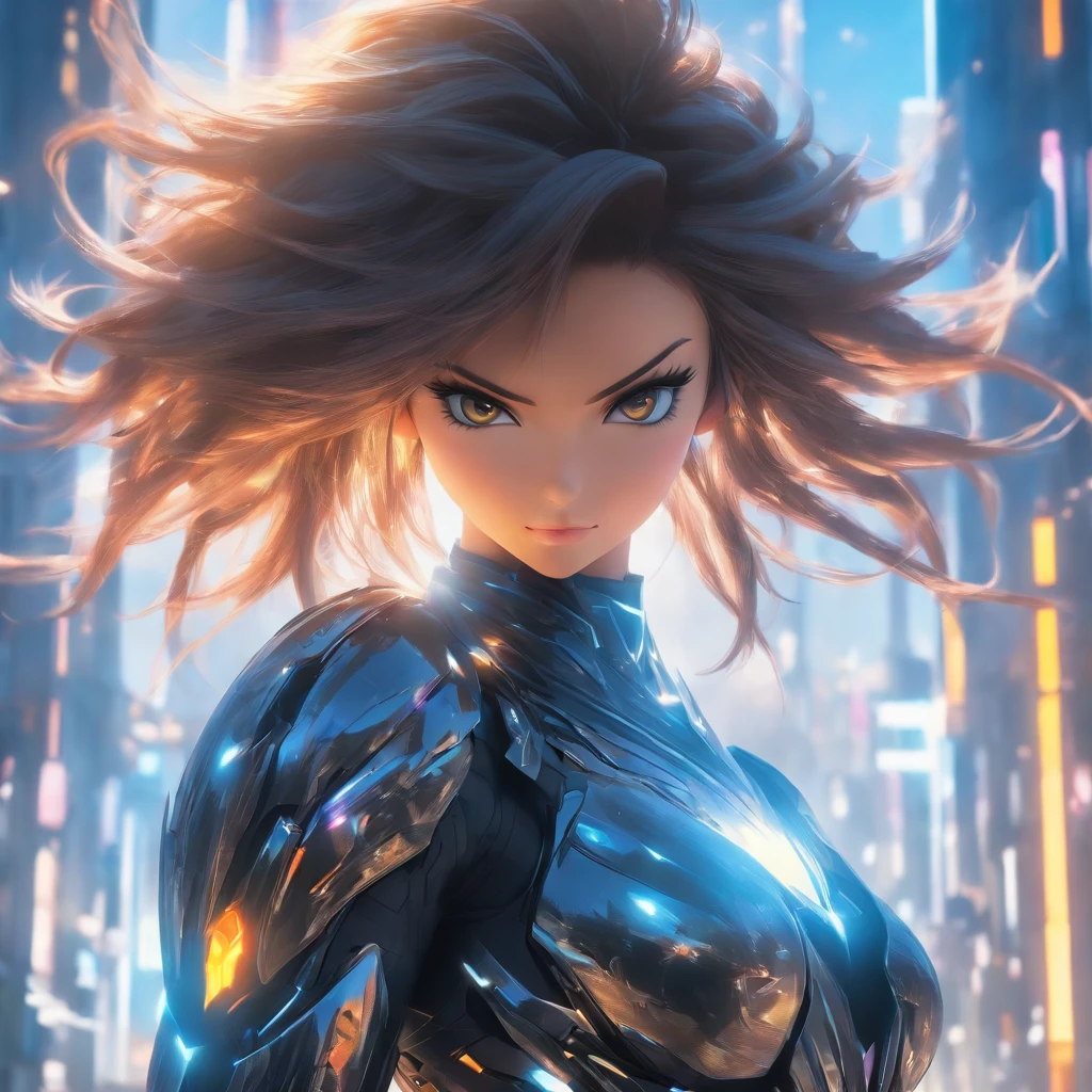Realistic, unreal engine, full body shot, candid photography, beautiful woman with brunette hair wearing black reflective coating futuristic armor, daytime, anamorphic lens flare effect