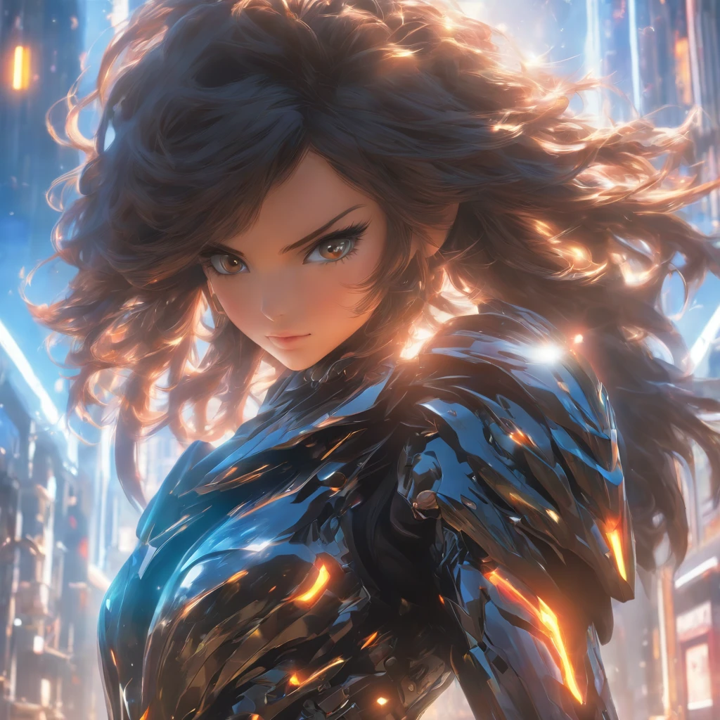 Realistic, unreal engine, full body shot, candid photography, beautiful woman with brunette hair wearing black reflective coating futuristic armor, daytime, anamorphic lens flare effect