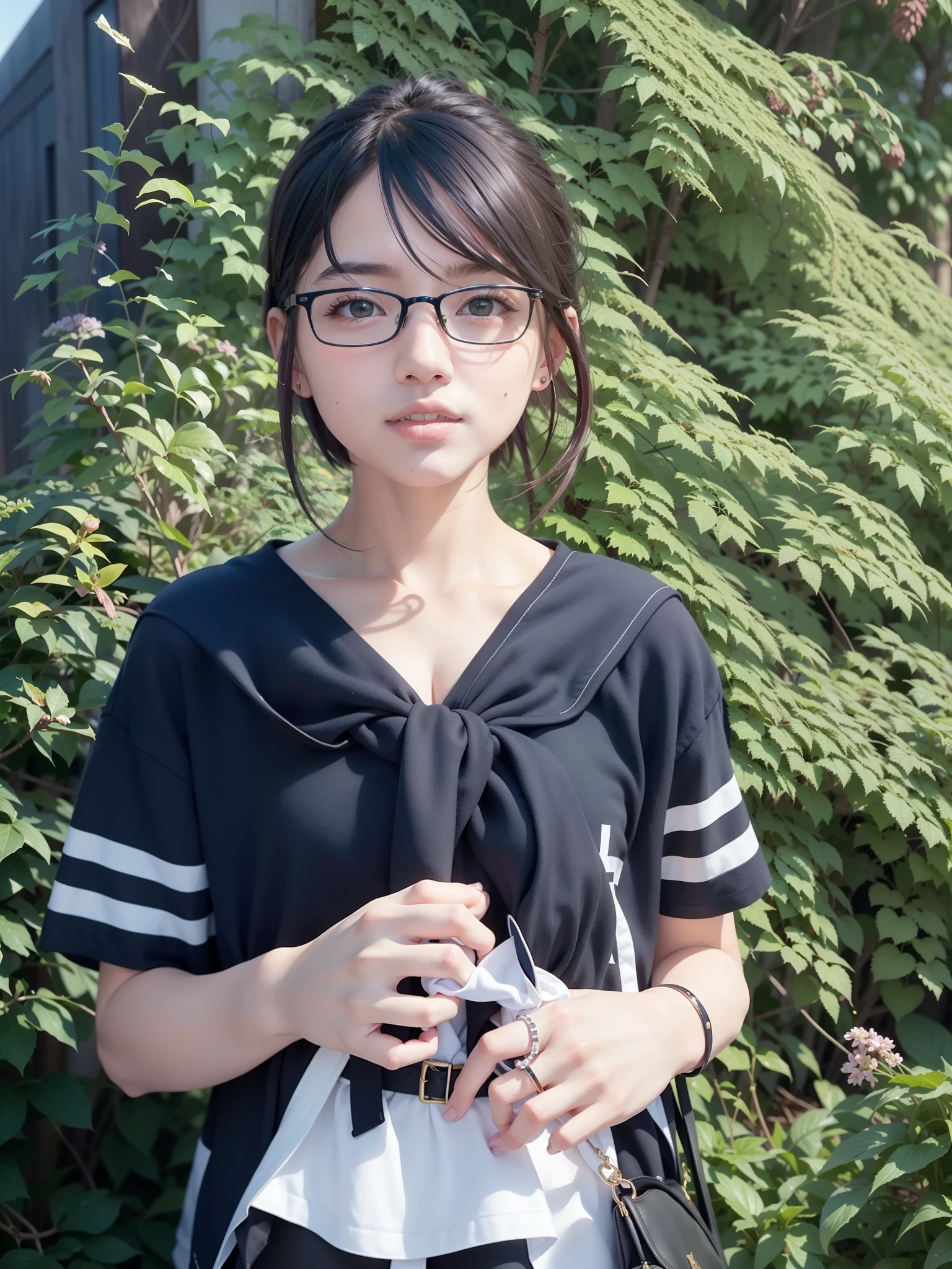 (White Skin Skin:1.6),(realisticlying:1.5),(((best qualtiy,tmasterpiece,超A high resolution))),(1 Beautiful girl 18 years old:1.2),(largeeyes:1.3),(There is light in the eyes:1.5),(Beautifully detailed eyes:1.2)
a asian beauty,Black color hair,is very beautiful,wearing black rimmed glasses,Place the bag on your chest,Place your hands on the front of the bag,(Hold a clear mineral water bottle:1.2),(A high resolution),(8K),(The is very detailed),(Most Best Illustration),
(ultra-detailliert),详细的脸,looking at viewert,Staring straight ahead,