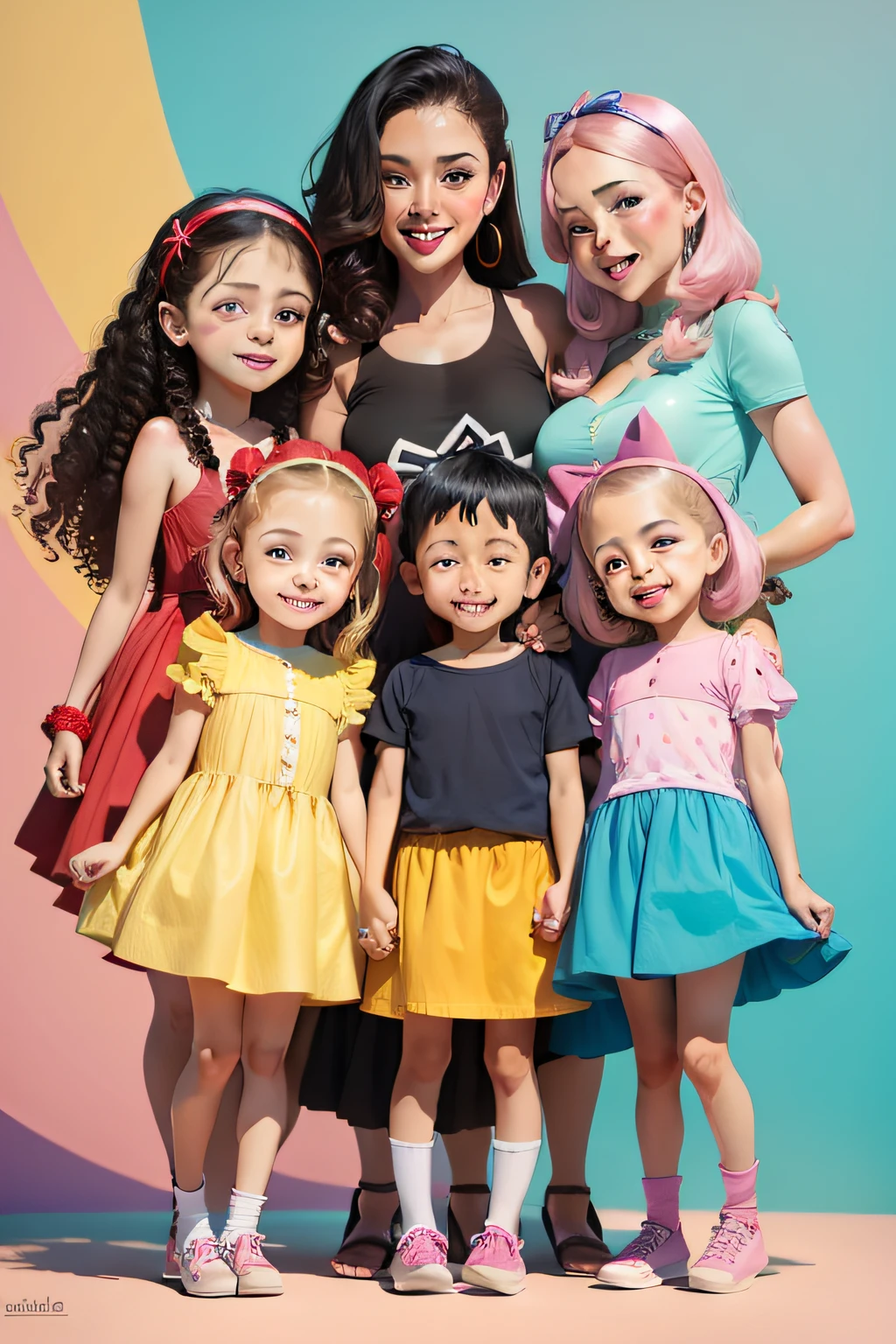 Estilo Cartoon, 5 children, etinias diferentes, com roupas simples, todas sorrindo e felizes, indo brincar de esconde esconde, cores fortes e vibrantes.