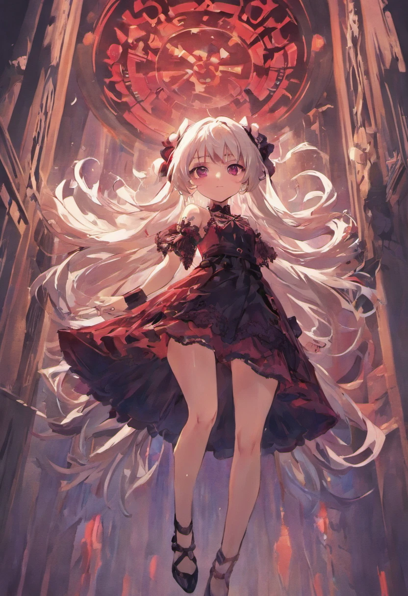 red color eyes，Long white hair that hangs down to the heels，Facial paralysis little loli，Black Goth Loli，Wearing black lace stockings，high qulity，filigree，the detail，small loli，adolable，By the sea，beautiful weather，On the beach