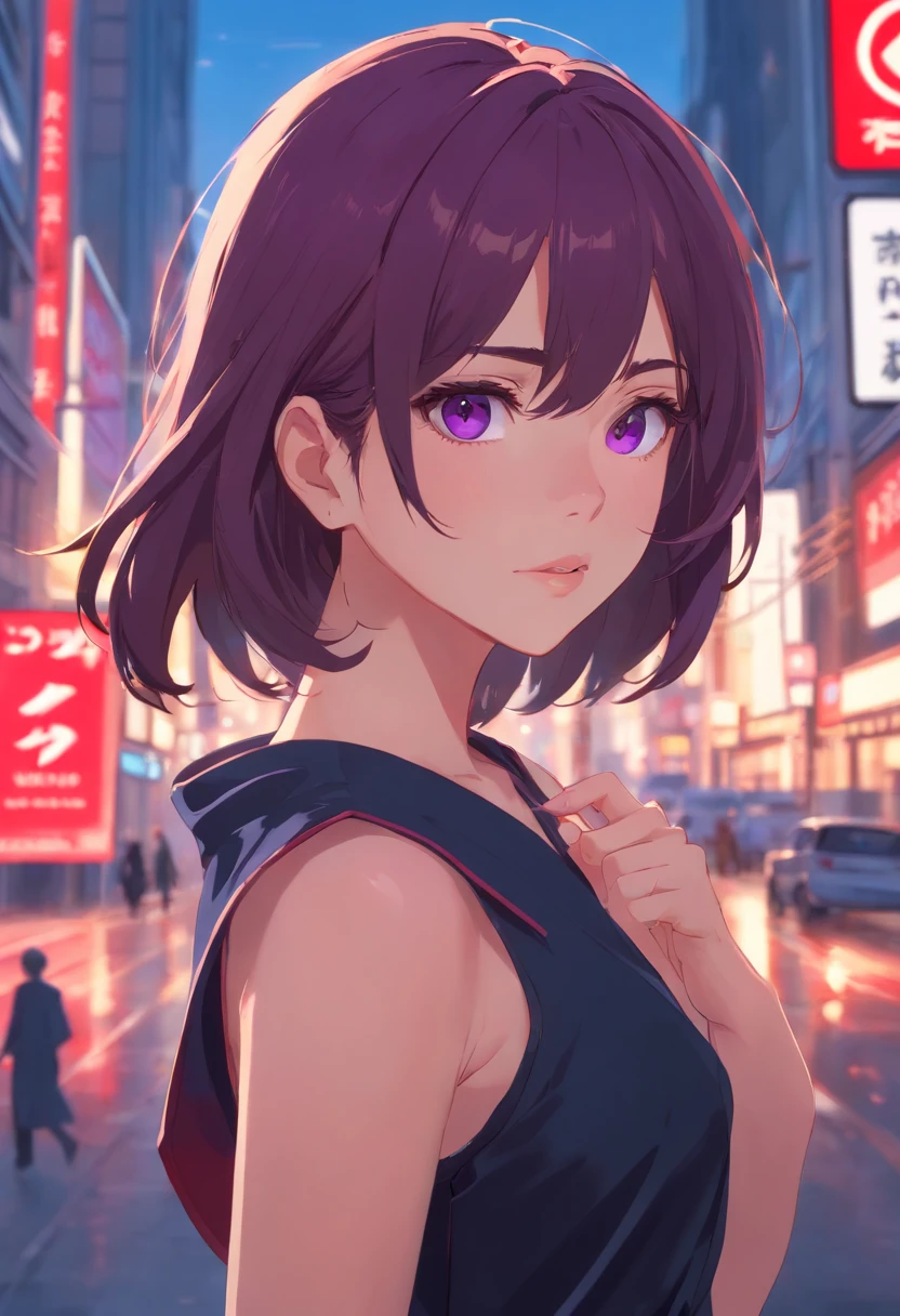 Detailed woman face looking at camera, dark. Black Dress for - bloclk eyes - hair purple - mouth Red, hurt stop sign,