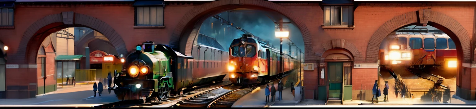 there is a train coming down the tracks in a city, train, by Thomas Dalziel, stylized digital illustration, train station background, trains, railways, by Yokoyama Taikan, full color illustration, platform, cover illustration, rails, children’s book illustration, children's book illustration, childrenbook illustration, fan art, by Kamisaka Sekka