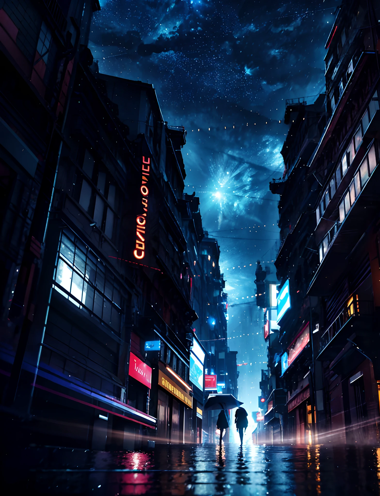 A woman is standing in the middle of a dark street with a light shining on her, em uma chuva de estrelas, concept art wallpaper 4k, Conceito Arte Digital, 3 d render beeple, Sobre a CGSeportence, cinematic beeple, CGSetnation ), Artgem e Beeple Masterpiece, CGSetnation 8k, CGSetnation 8 k, CGSetnation 8k, concept art 4 k