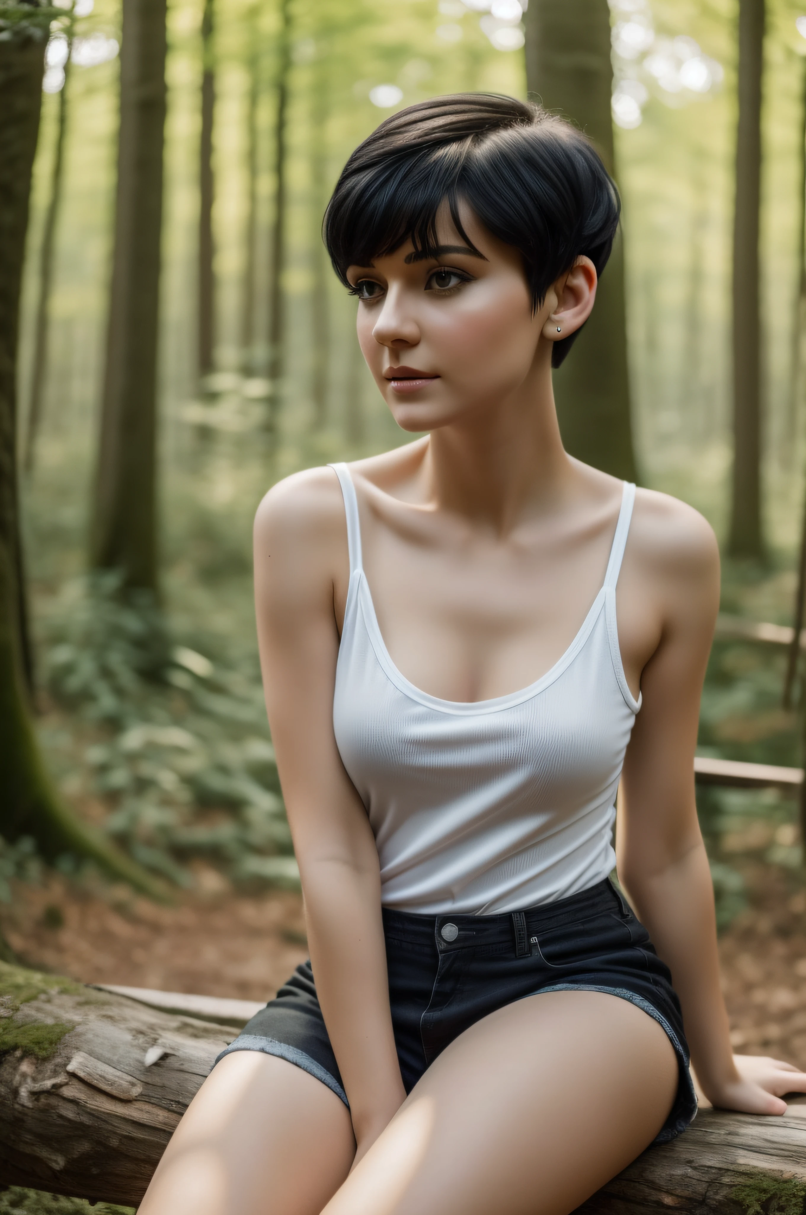 best image quality, masterpiece, very high resolution, (fidelity: 1.4), photo, 1 girl, daytime, forest glade, best quality, 8k, masterpiece: 1.3, ultra-realistic, sitting on a bench posing for a photo, leaning towards cams, fairy shape short black hair, Anastasia ovchinnikova, black short hair, pixie cut short black hair, with short hair, Olga Buzova, short black hair, alina ivanchenko, short dark haircut, fairy haircut, fairy haircut, Julia Gorokhova , short dark hair, Masterpiece, (short black hair), outdoors, best quality, very high resolution, raw photo, diffused sunlight, white t-shirt, short black shorts,