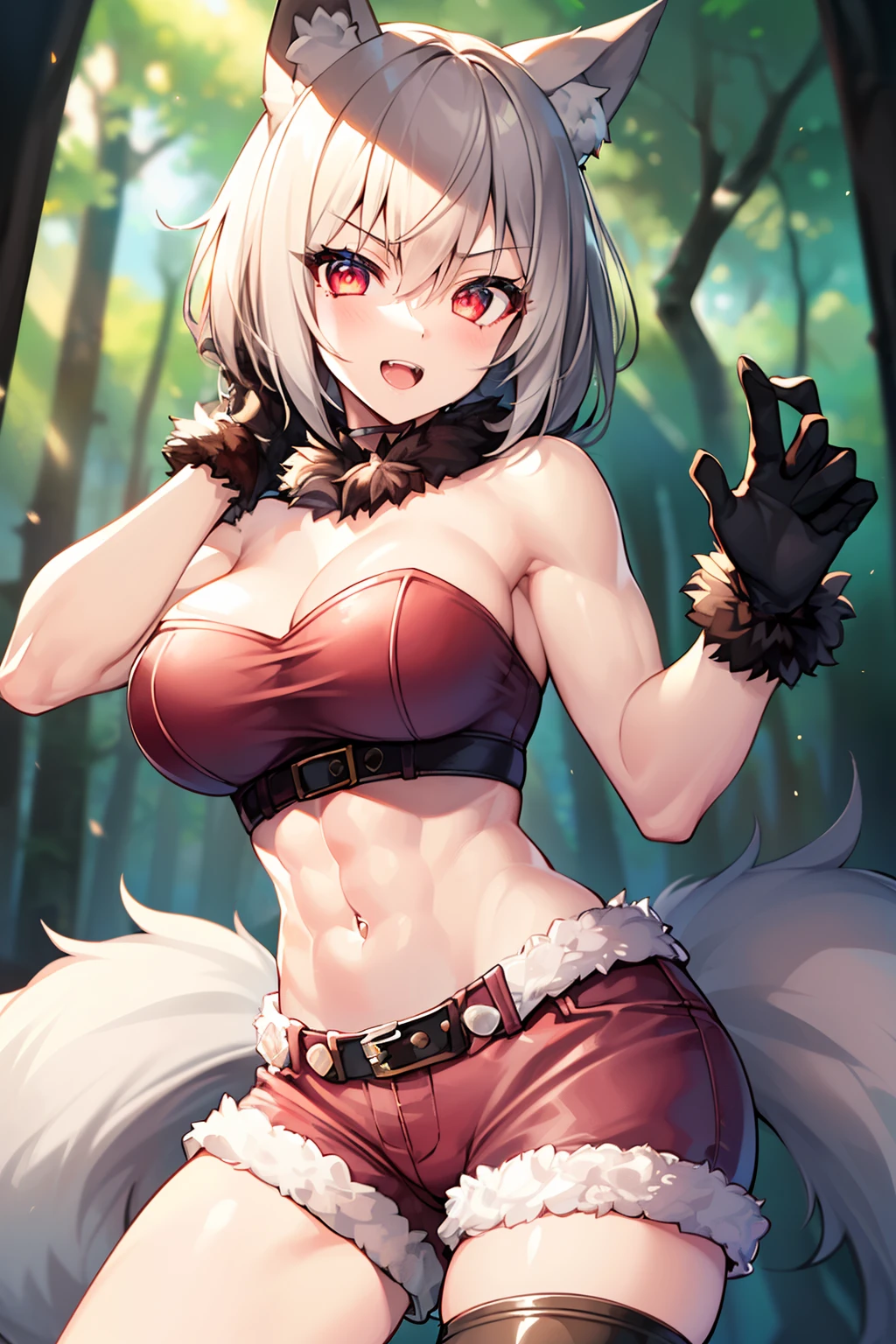 (1girl in:1.2), (Solo:1.2), masutepiece, nffsw、Shaders、Brilliant Textured Work、Ultra-detailed eyes、ultra-intricate pupil in eyes、top-quality、Gray hair、Wolf ears、shorth hair、Wolf's tail、muscular body、very large breast、(Tube tops with fur or fur:1.4)、(Strapless:1.1)、Shoulder out、Navel、(Hot pants with fur or fur:1.4)、(Deep red eyes:1.2)、Ruby-like eyes、radiant eyes、(sharp eye:1.2)、Sanpaku eyes、Wolf hand、Skinny Legs、Mukimuki's abs、Fluffy fur boots、(Pose likely to attack:1.2)、dynamic ungle、(double tooth:1.1)、evil smile、the woods、Standing picture、(Sleeveless:1.2)、