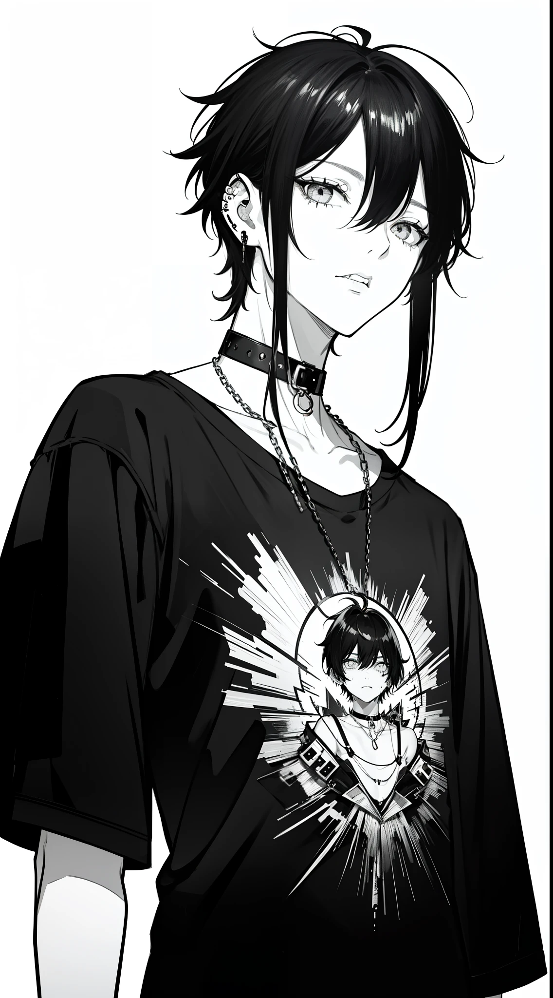 emo boy,one side bang longer than the other,black hair,tired eyes,black eyes,black shirt,wristbands,choker around neck,attractive,young man,boy,solo,teenager,monochrome,lip piercing,ear piercing,messy hair,tall