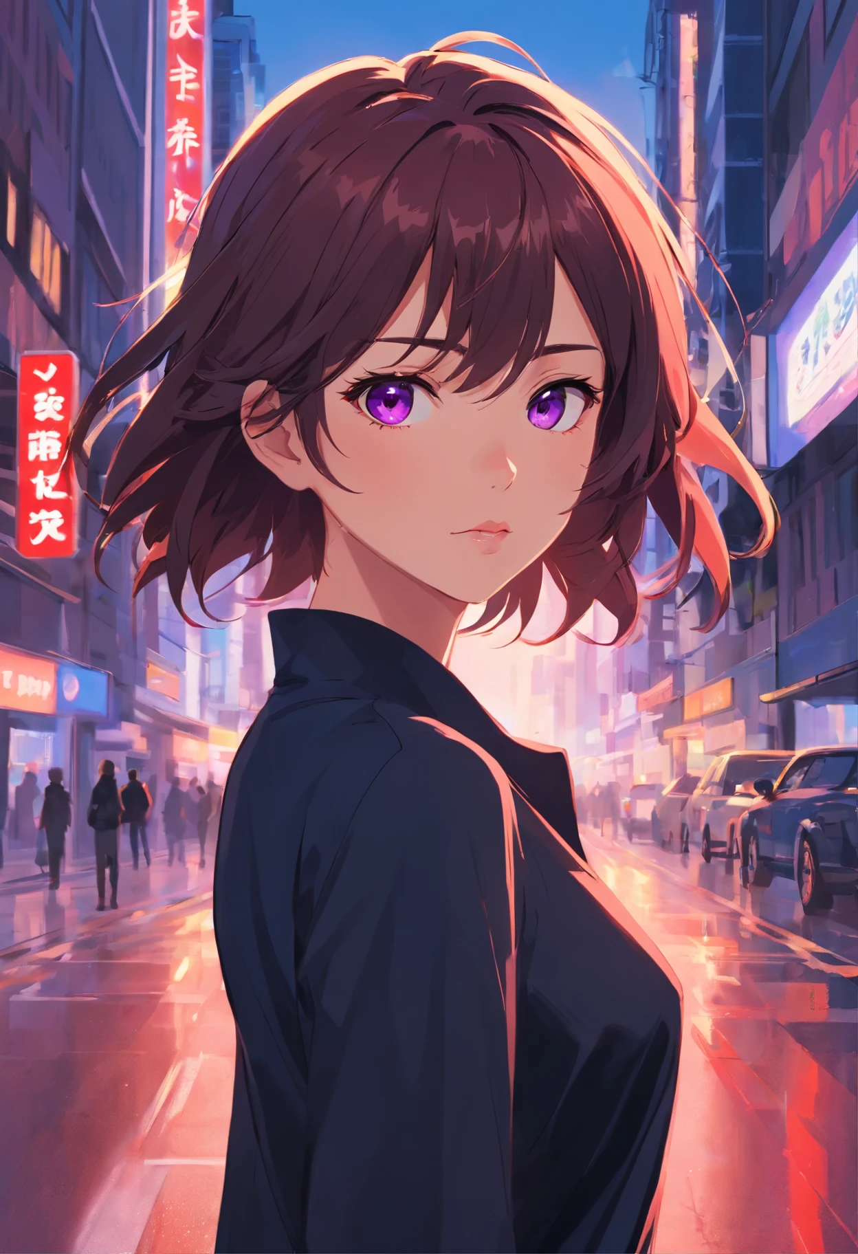 Detailed woman face looking at camera, dark. Black Dress for - bloclk eyes - hair purple - mouth Red, hurt stop sign,
