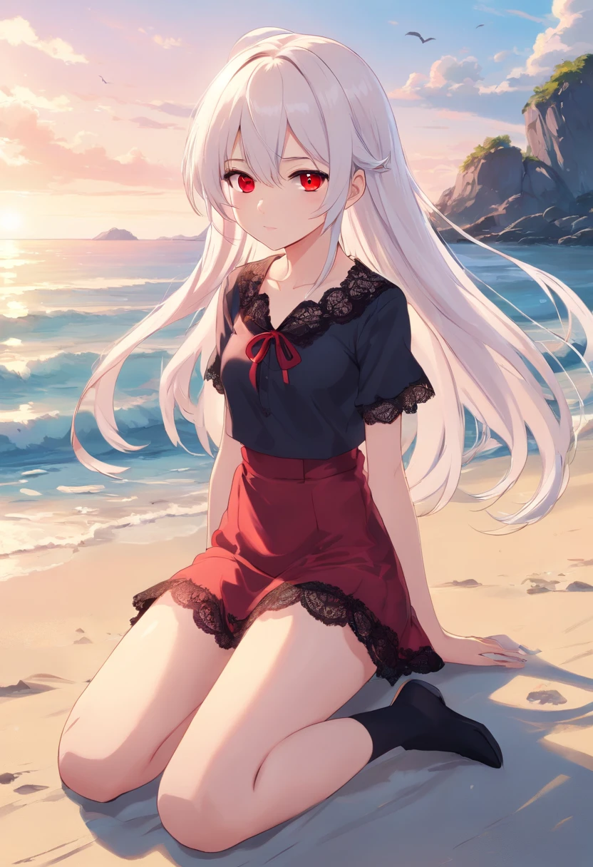 red color eyes,Long white hair that hangs down to the heels,Facial paralysis little ,Black Goth Loliring black lace stockings,small loli,adoe,By the sea,beautiful weather,On the beach