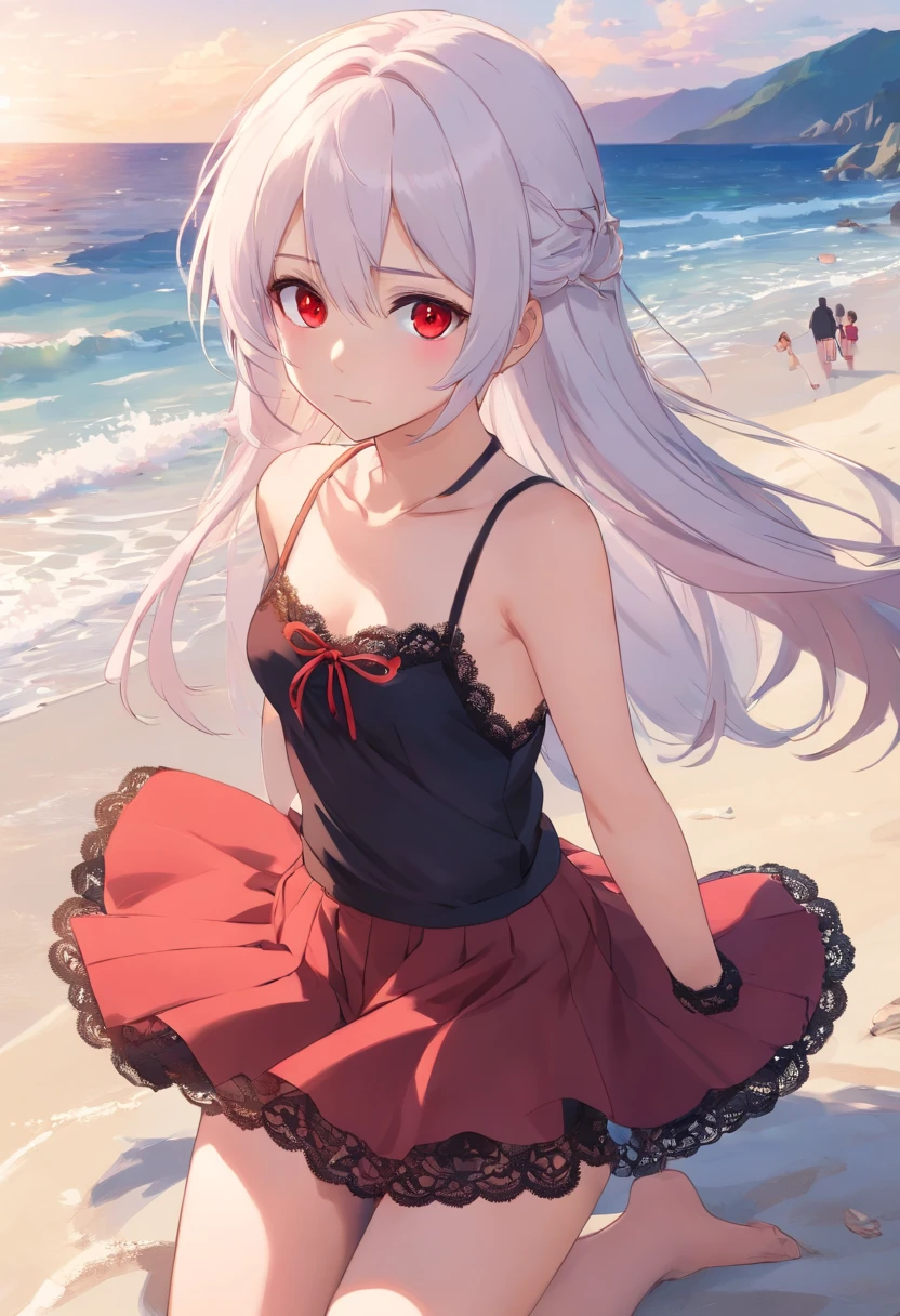 red color eyes,Long white hair that hangs down to the heels,Facial paralysis little loli,Black Goth Loli,Wearing black lace stockings,small loli,adolable,By the sea,beautiful weather,On the beach