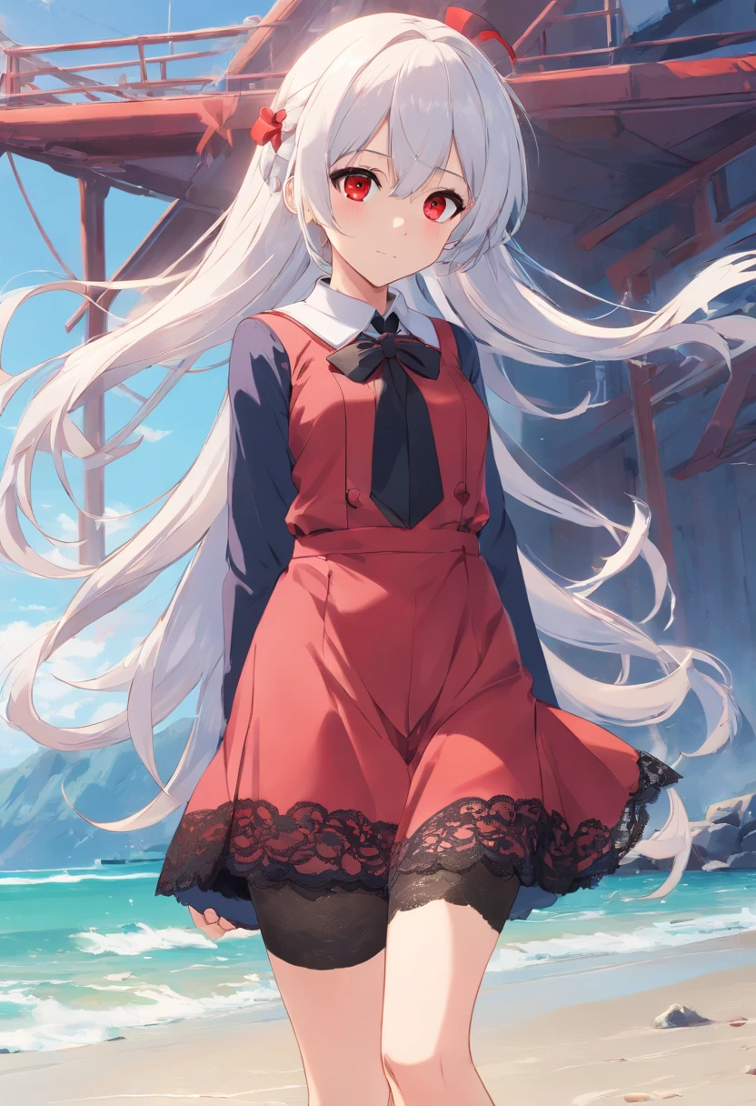 red color eyes，Long white hair that hangs down to the heels，Facial paralysis little loli，Black Goth Loli，Wearing black lace stockings，small loli，adolable，By the sea，beautiful weather，On the beach