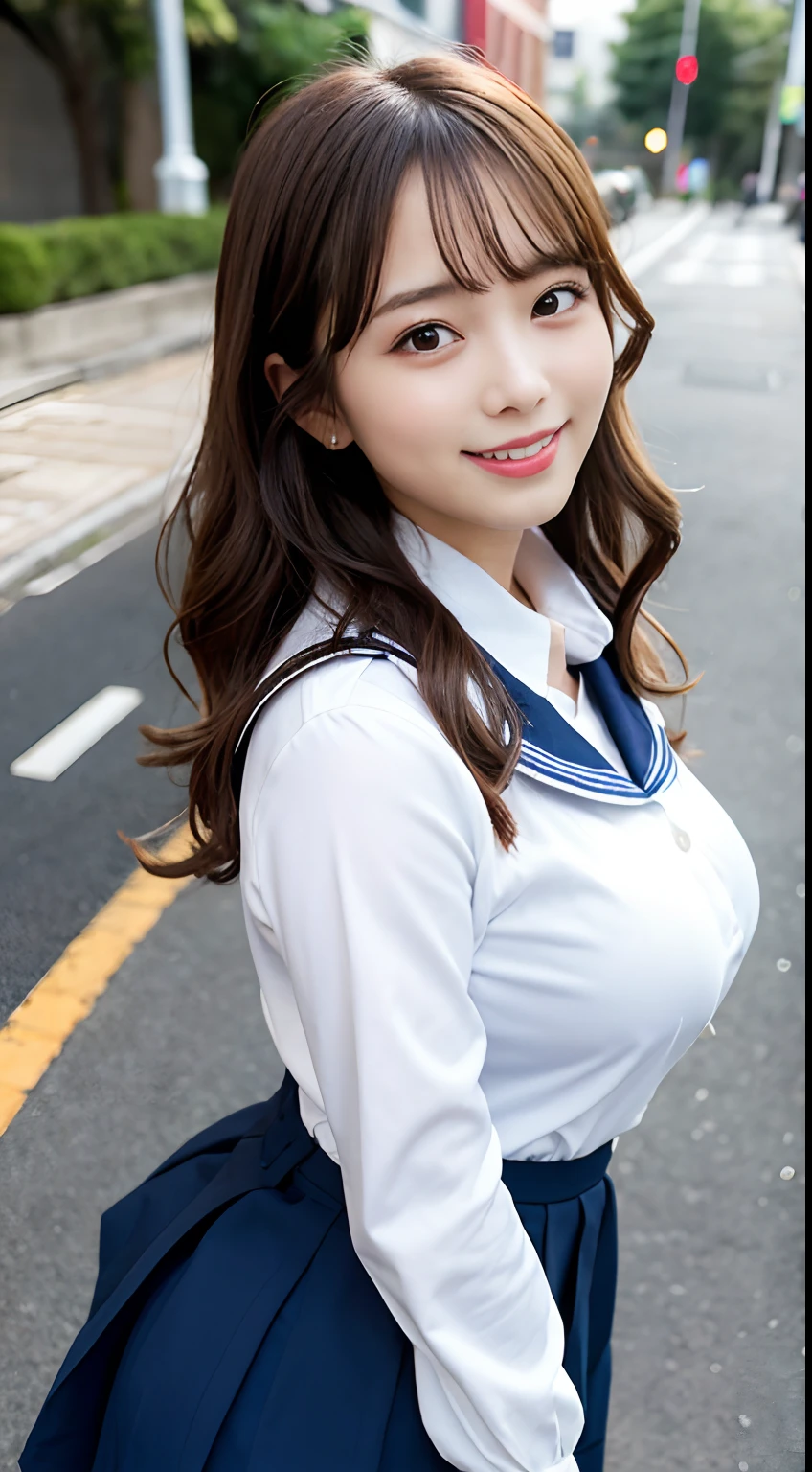 masterpiece, Better Quality, hight resolution, 1 girl, Curly hair, School Uniforms,a sailor suit,In the street, sweat drop,(Big breasts:1.1),Highly exposed、A smile