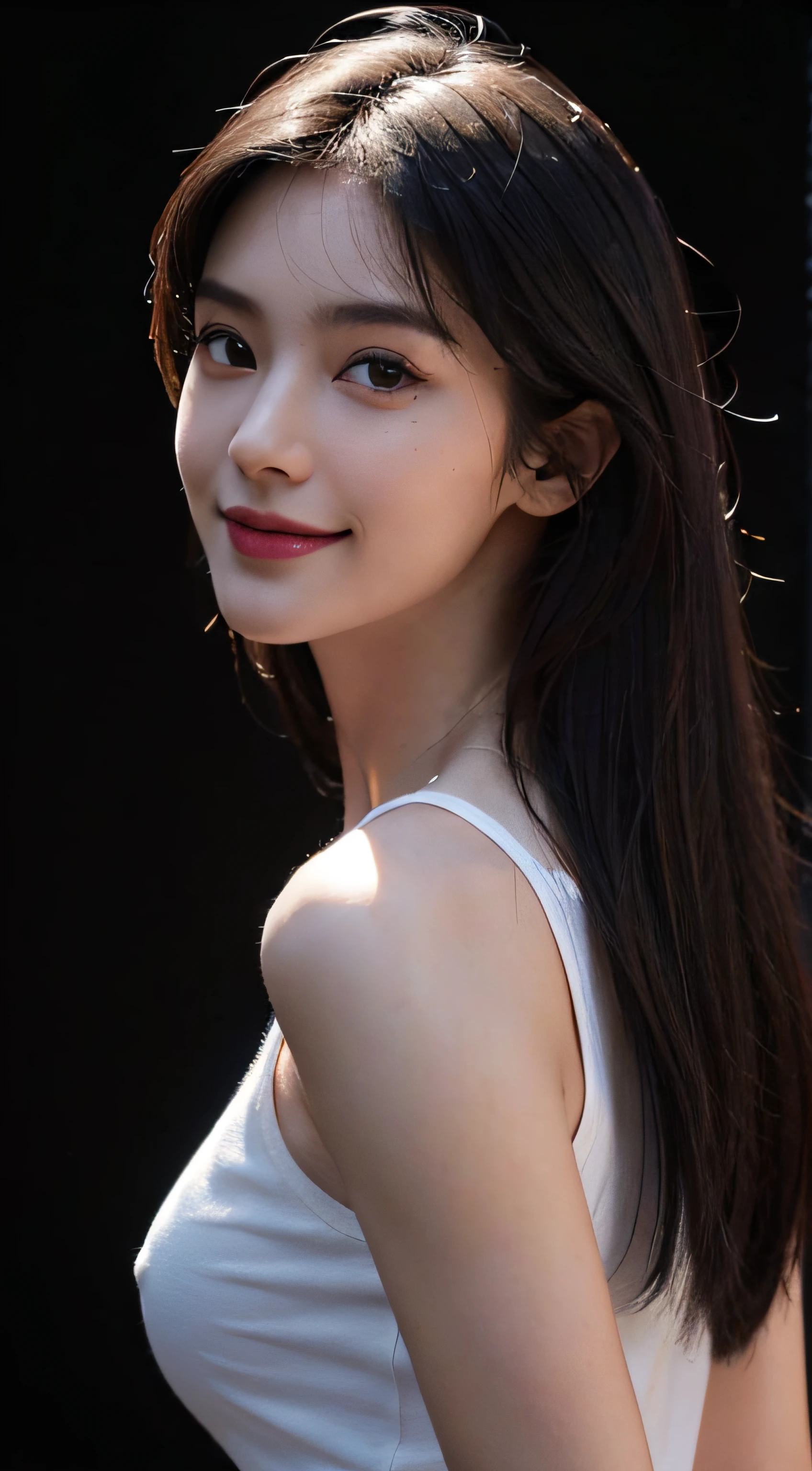 8K, Top Quality, Intricate Details, Ultra Detail, Ultra High Resolution, Masterpiece, (Photoreal: 1.1), (Photo Realistic: 1.2:1.1), Realistic Face Proportions, Slender, Smile, 18 yo girl, (Makeup: 0.4), (Fluffy Black Eyes: 1.21), Black Eyes, Looking at the Viewer, ((full body)), 1girl, solo, 1 girl, ((close up shot)), ((small and beautiful hard nipple)), feminine and sexy posture, ((tall)), (((fit body))), (((slim face))), sharp face, sharp eyes, (((black hair, long hair,)) small lips, smile, ((white top)), detailed face, detailed breast, Beautiful girl with accentuated slender abs: 1.4, Six Pack Abs: 1.4, Bust Botox, Big, Perfect Body, detail leg, (Photoreal: 1.1), (Photo Realistic: 1.2:1.1), (Dark Night Background: 1.2), shot from behind