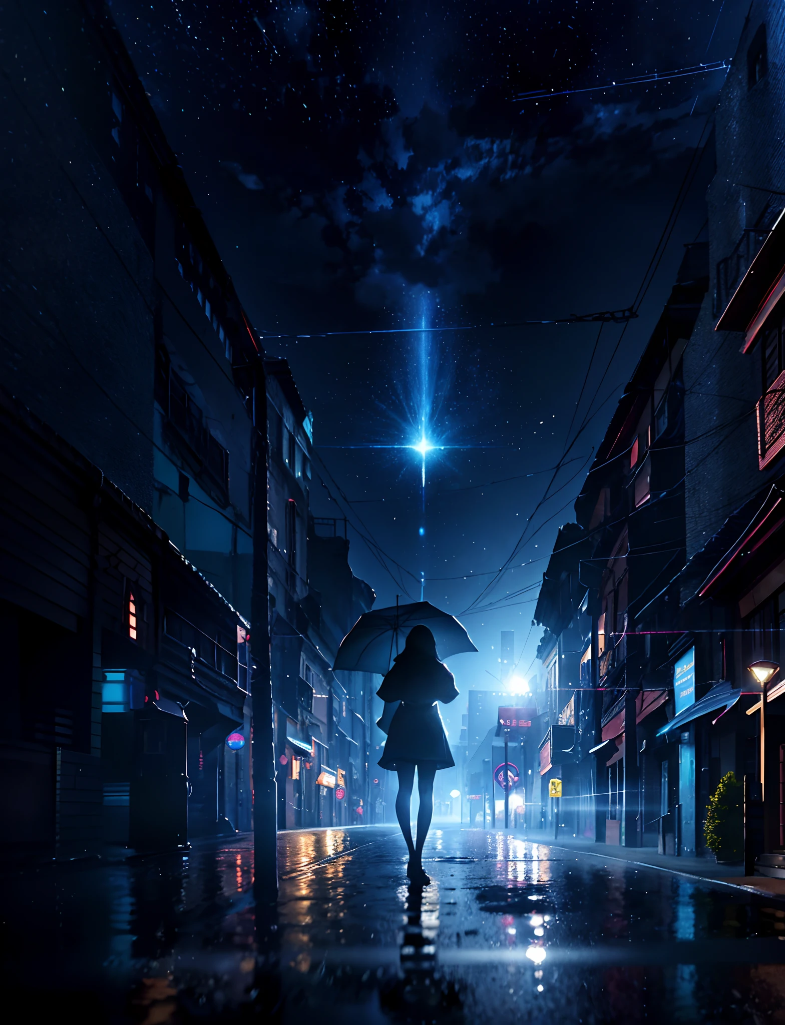 A woman is standing in the middle of a dark street with a light shining on her, em uma chuva de estrelas, concept art wallpaper 4k, Conceito Arte Digital, 3 d render beeple, Sobre a CGSeportence, cinematic beeple, CGSetnation ), Artgem e Beeple Masterpiece, CGSetnation 8k, CGSetnation 8 k, CGSetnation 8k, concept art 4 k