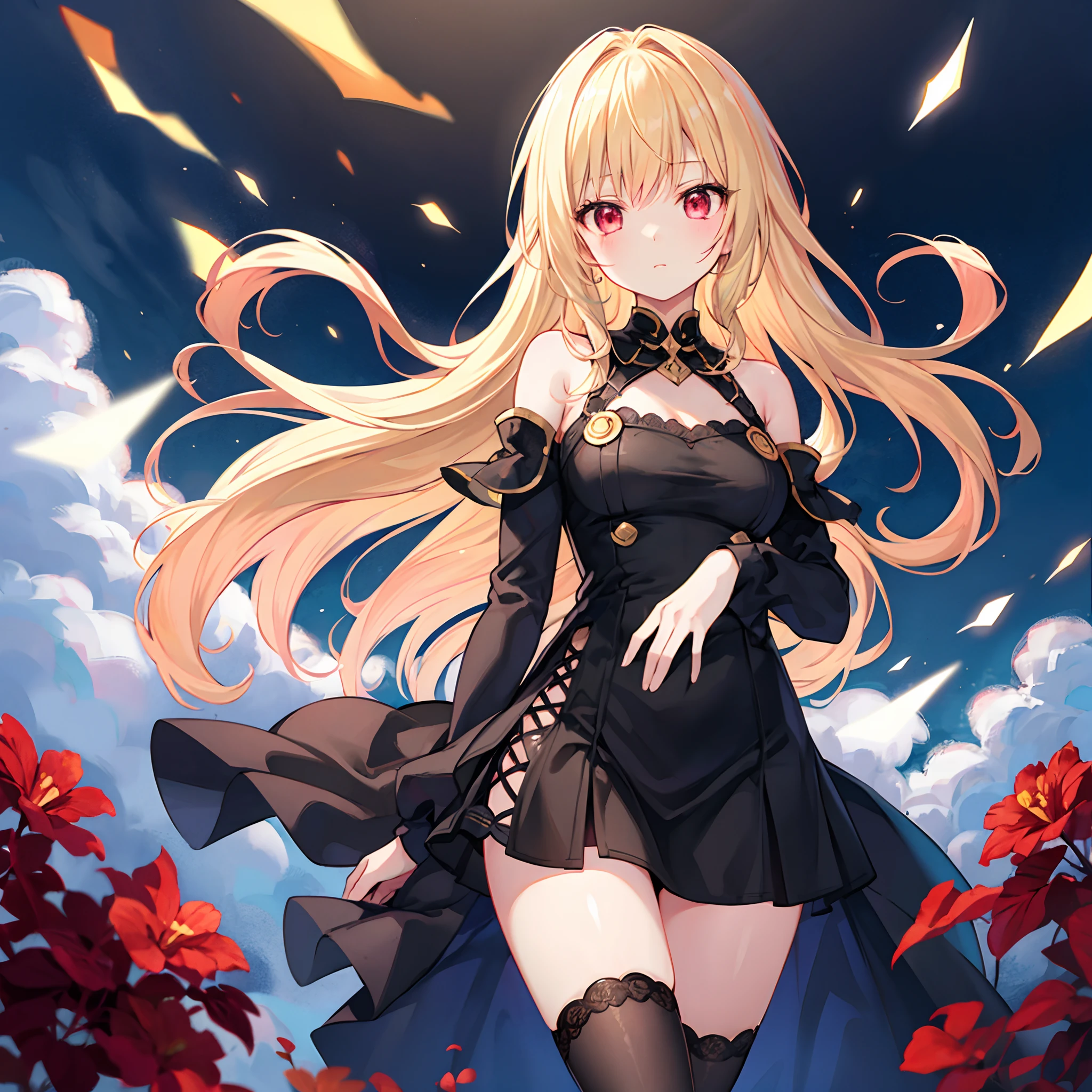 masterpiece, best quality, very aesthetic, absurdres,
 konjiki_no_yami, to_love-ru,1girl, blonde_hair, long_hair,  two_side_up,   red_eyes, small_breasts, black_shirt, black_skirt, black_sleeves, cleavage_cutout, clothing_cutout, detached_sleeves,long_sleeves, thigh_strap, tsurime,wide_sleeves,bare_shoulders,in ruined city 