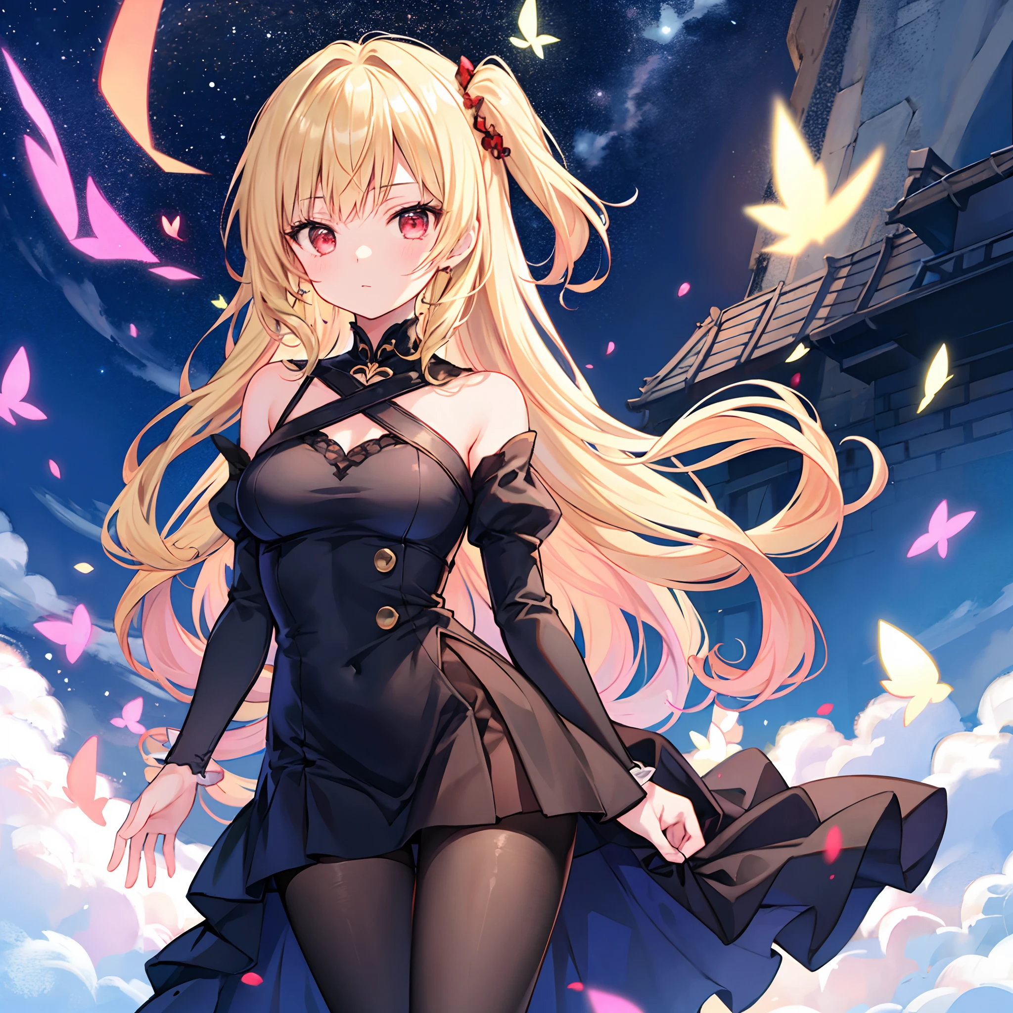 Wavy blonde、red eyes、Beautiful girl alone、Black Dress、off shoulders、a miniskirt、Black tights、kosmos