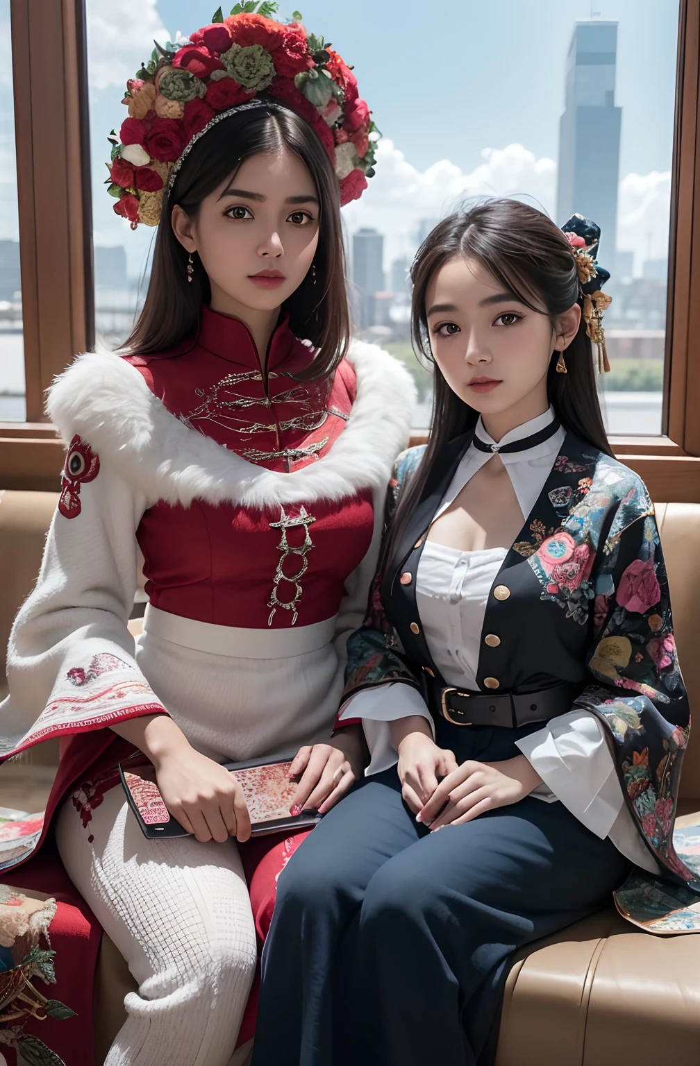two women,20yo,duo,white color,Sony Alpha 1,Sony FE 16-35mm f/2.8 GM,sharp focus,highly detailed,rich colors,vibrant colors,trend on Artstation,4k,xxmix girl,(alebrijes art style)