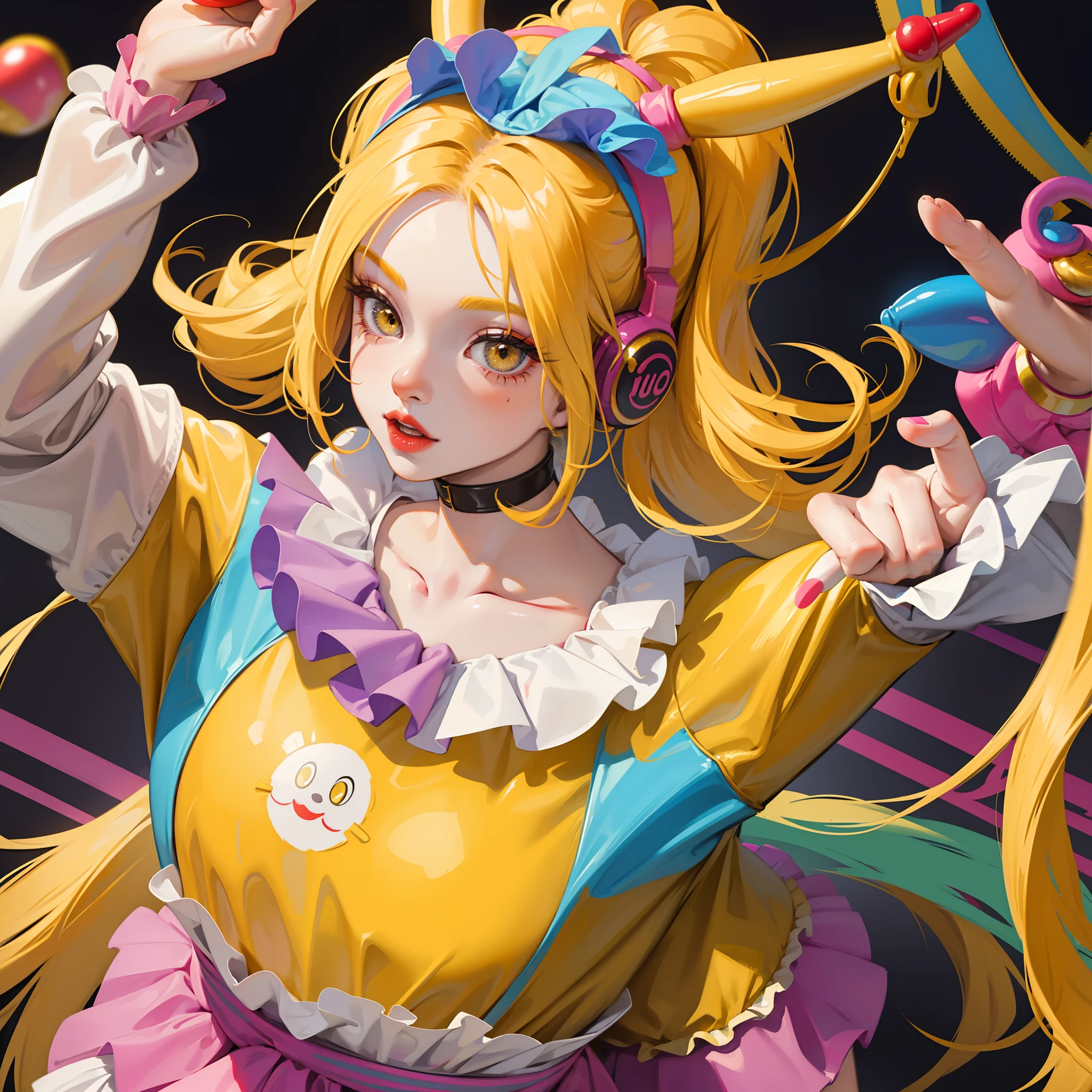 girl with yellow hair and yellow eyes, clown girl, clown makeup, circus vibes, high quality, pigtails, clown, red clown nose, colorful headphones