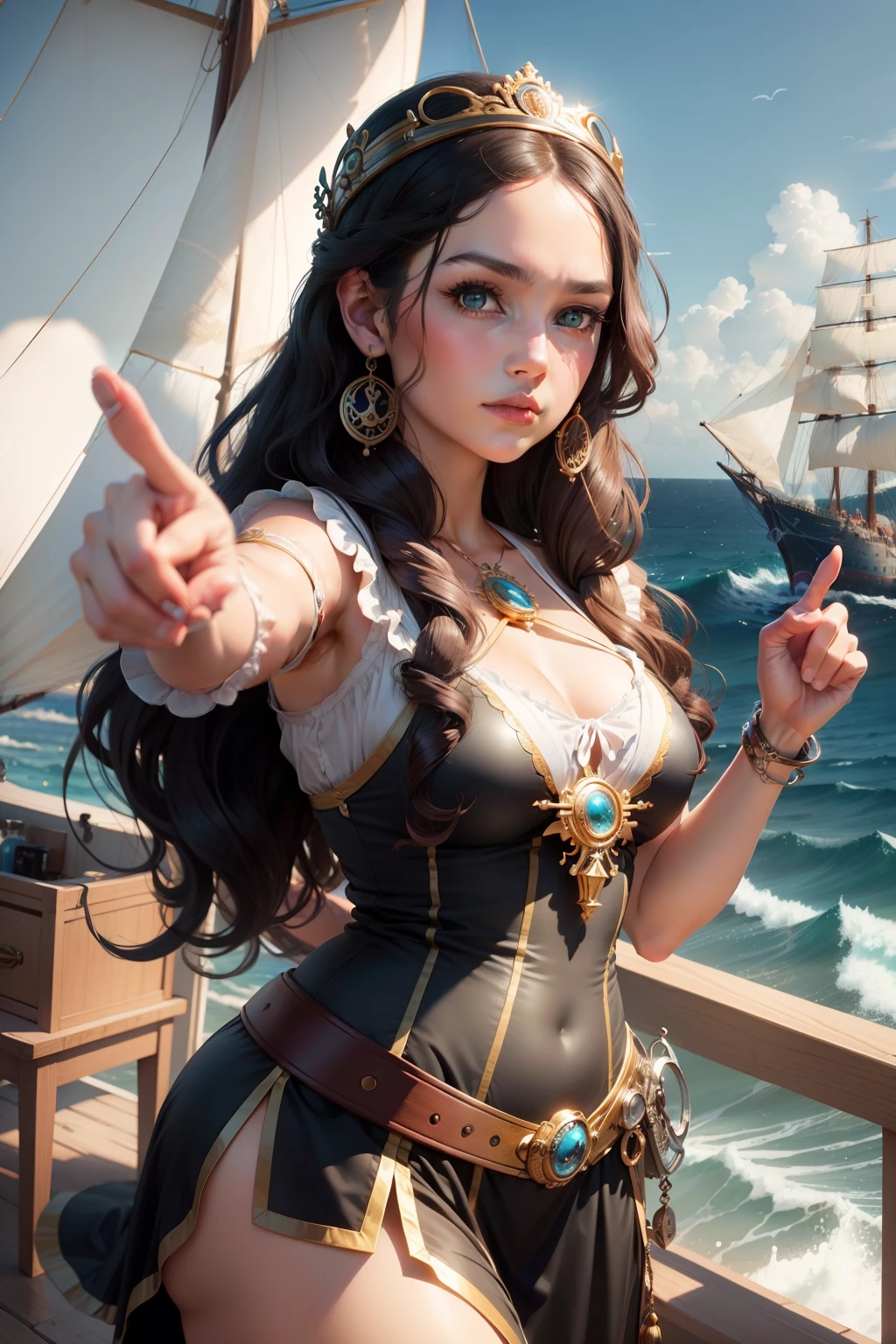 An image of a beautiful Greek muse, pointing to a sailing ship, background is ocean horizon, mood is inspirational, motivational, harmonious, revealing, daytime light, character design, art by Mark Ryden, Greg Simkins, Jason Limon, Dan Quintana.