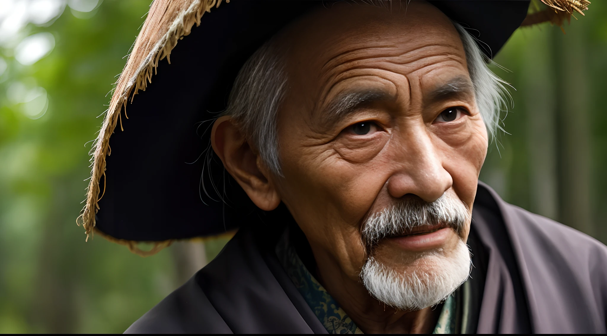 Portrait photography style, world masterpiece, super unique high professional digital art, film format, hyper-realism, color cinematography with ultra-fine details and quality, background is deep in the forest, an old man in rural China, an old man with wisdom. He wears an old cloak and his eyes are kind and shrewd. He was looking forward, his skin had been blackened and powerful by the sun and rain, and the wrinkles were fixed on the corners of his mouth and forehead, making it seem that his years had precipitated. Although wearing a dark gown, although simple in appearance, it exudes sublime wisdom and a sense of tenacity of strength.