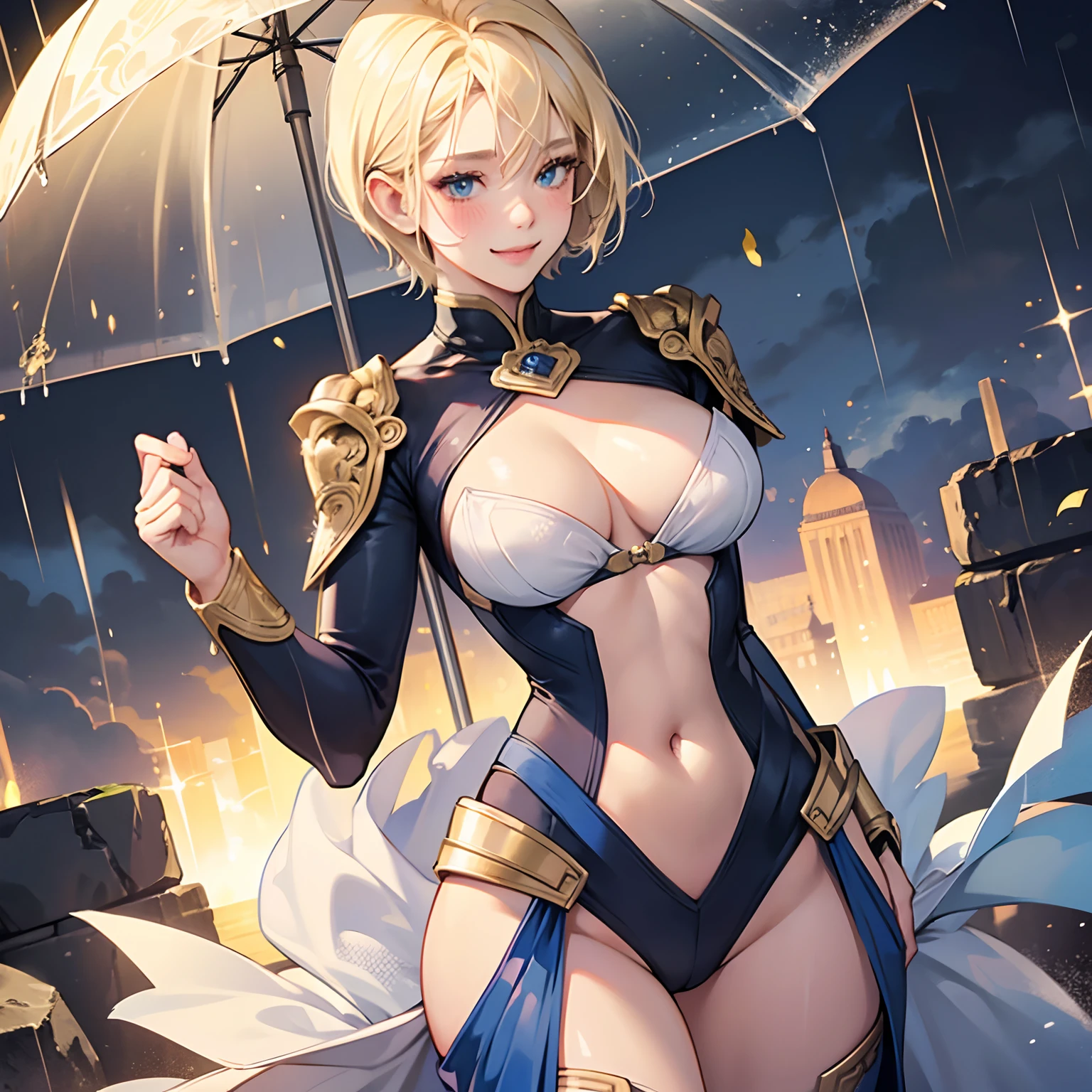 1girl, Wide hips, naughty smile, Skindentation, blush,18 yo girl, charming super hero suit, short blunt hair, blonde, beautiful face, rain, masterpiece, intricate detail, perfect anatomy --auto