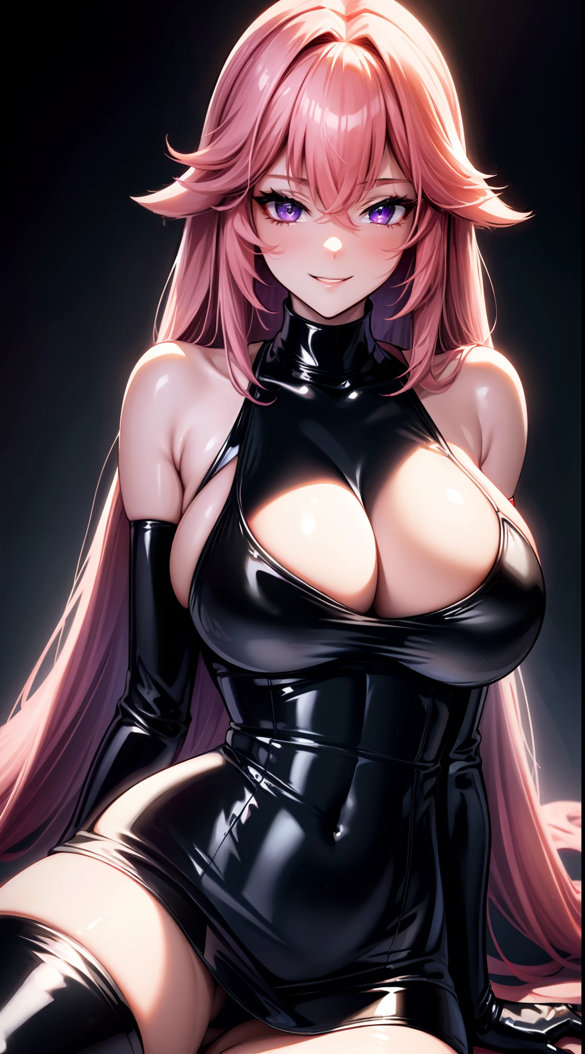 (Yaedef:1.4), 8k, highres, ultra detailed, (masterpiece:1.4), best quality, symmetrical body, (sexy tight black short latex dress with deep neckline:1.4), cute, solo, long hair, pink hair, purple eyes, glow effect, finely eye, wide smile, detailed face, looking at viewer, smilling at viewer, restaurant, angled view, huge breasts, sitting