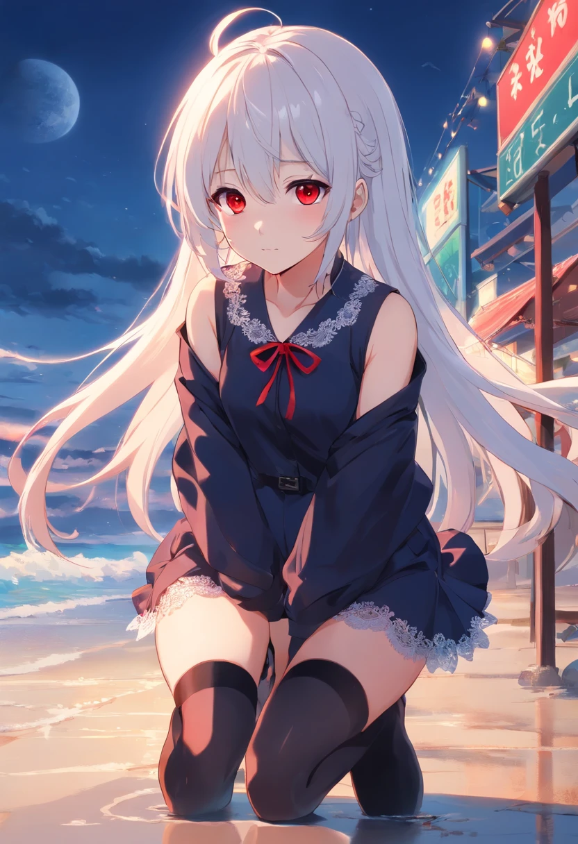 red color eyes，Long white hair that hangs down to the heels，Facial paralysis little loli，Black Goth Loli，Wearing black lace stockings，high qulity，filigree，the detail，small loli，adolable，By the sea，beautiful weather，On the beach