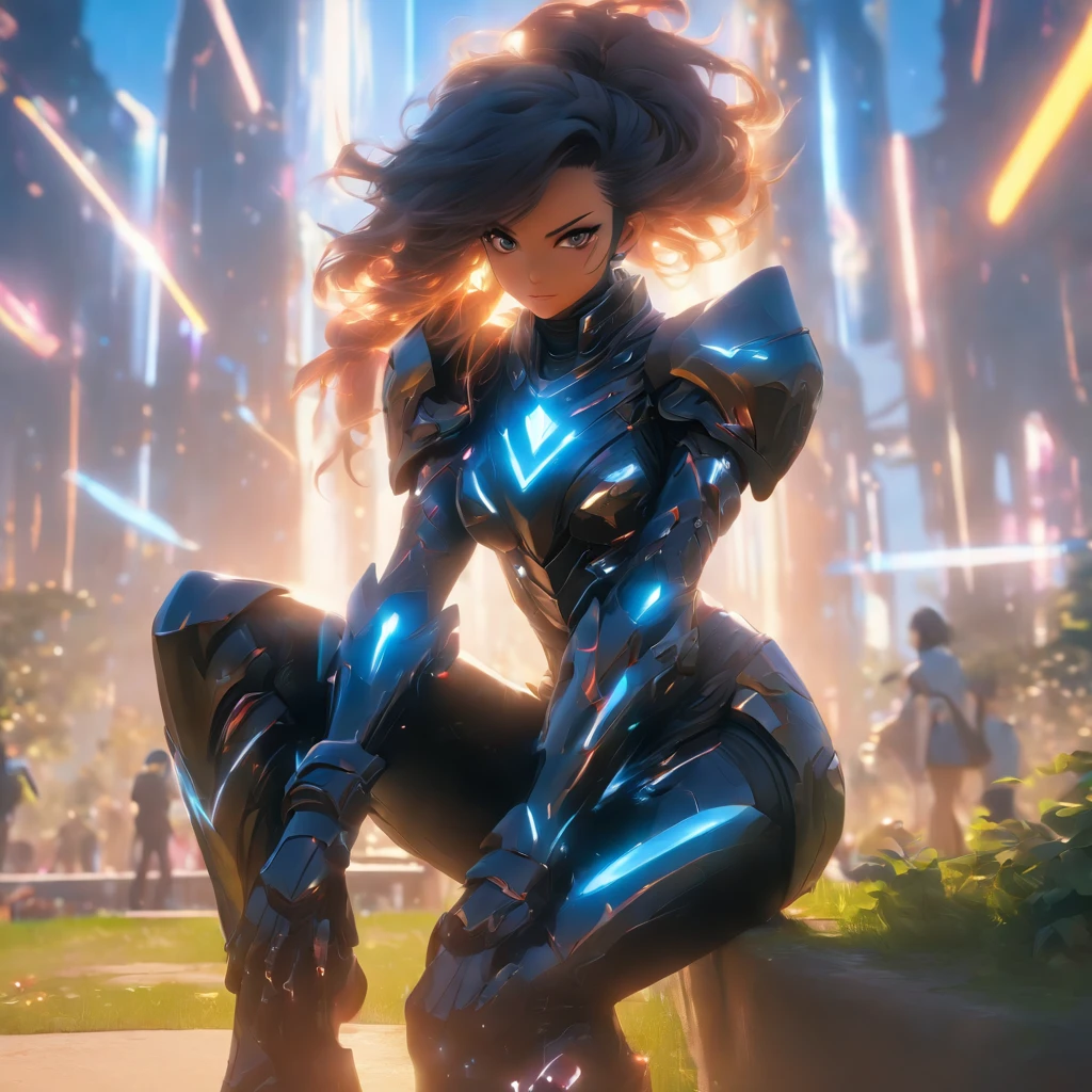 Realistic, unreal engine, full body shot, candid photography, beautiful woman with brunette hair wearing black reflective coating futuristic armor, sitting at the park, daytime, anamorphic lens flare effect